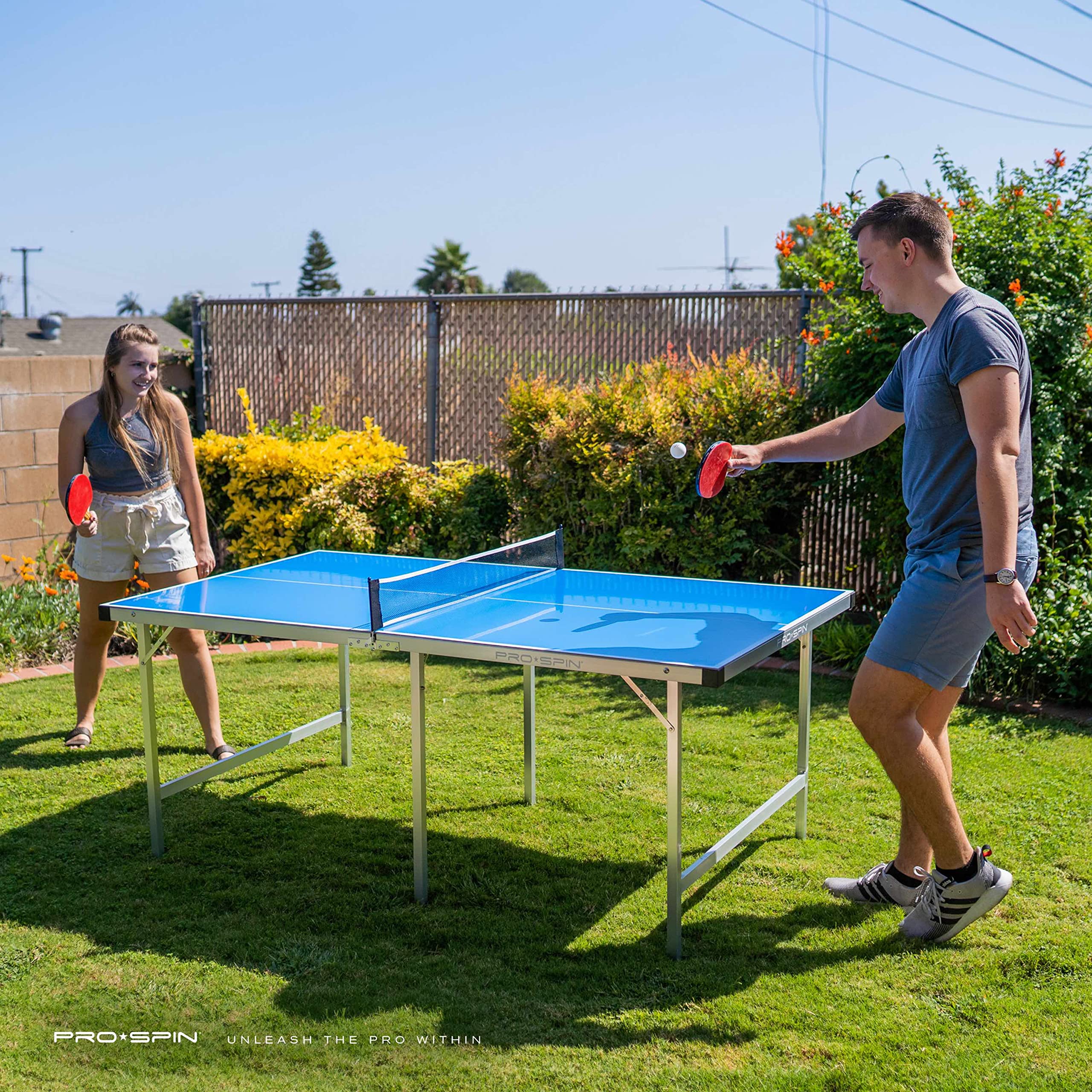 Pro-Spin Midsize Ping Pong Table Set  Outdoor/Indoor, Weatherproof  High-Performance Ping Pong Paddles & Balls  100% Pre-Assembl