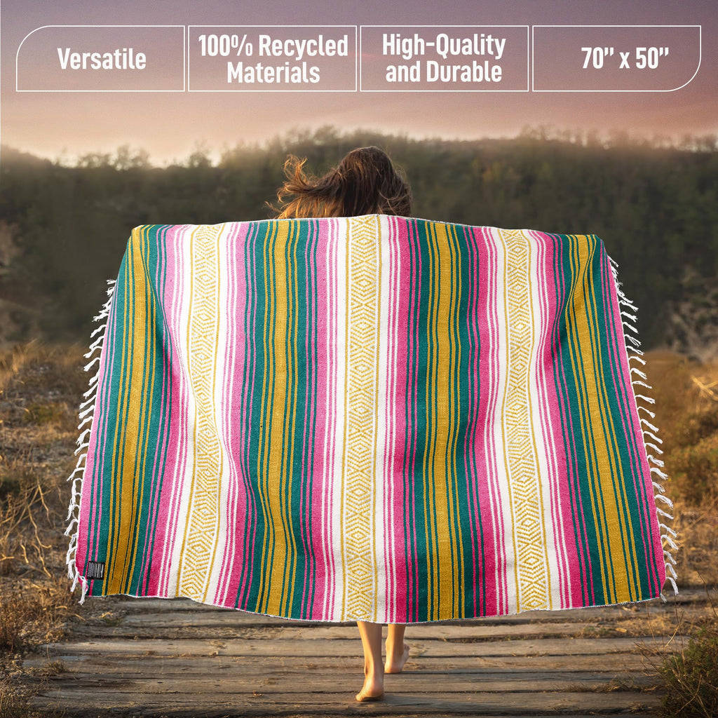 Hydration Nation Authentic Large Handwoven Mexican Striped Throw Blanket - Soft, Durable, Eco-Friendly - 70x50 - Sunshine
