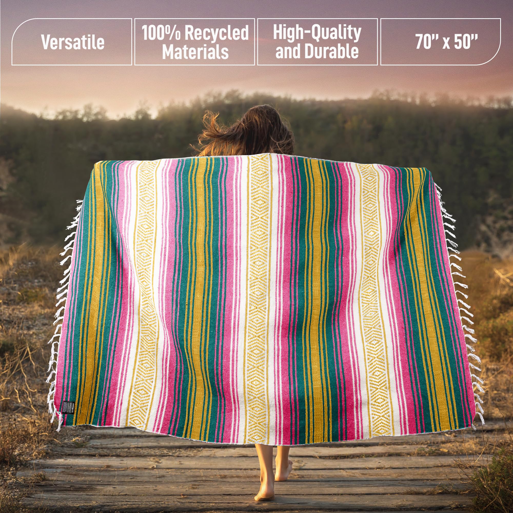 Hydration Nation Authentic Large Handwoven Mexican Striped Throw Blanket - Soft, Durable, Eco-Friendly - 70x50 - Sunshine
