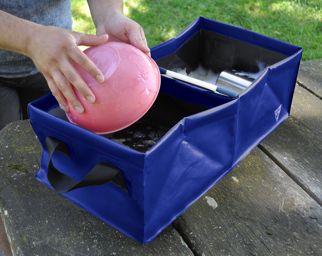 Seattle Sports Collapsible Square Pack Sink Dual Dish Wash Basin For Camping, Outfitter Class, Double Basin, 25 Liter, Blue