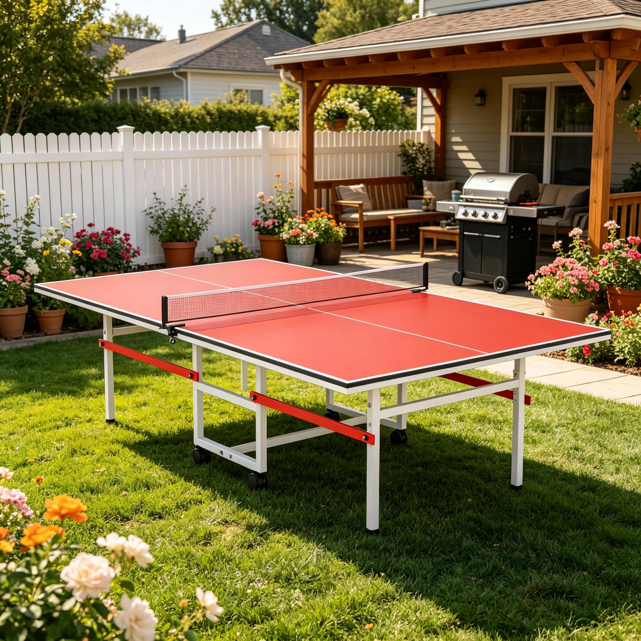 8FT Table Tennis Table with Net, Indoor/Outdoor Professional Ping Pong Table for Kids Adults, Folding Ping Pong Table, Complete 