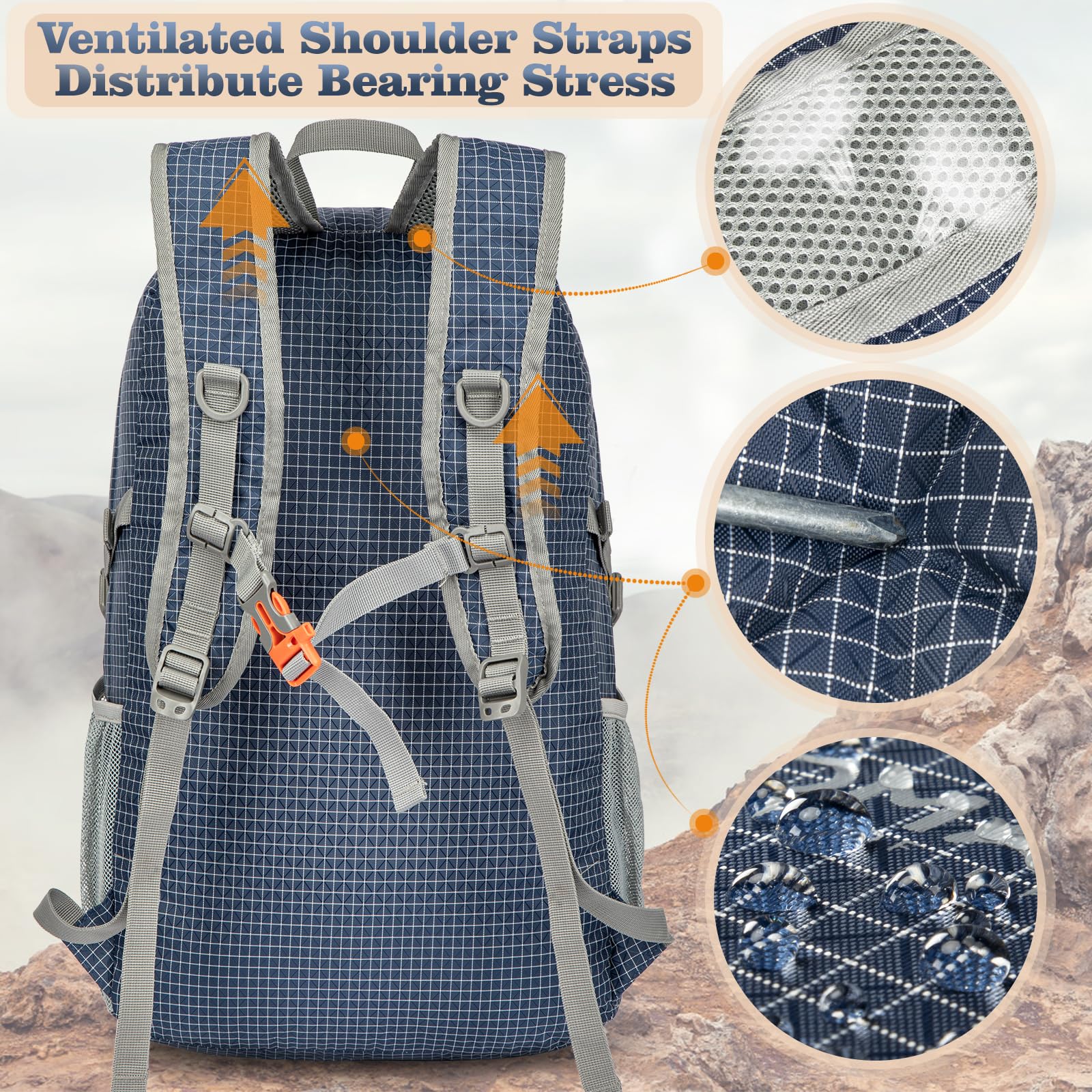 ZOMAKE Lightweight Packable Backpack 30L, Foldable Hiking Backpacks Water Resistant Compact Folding Daypack for Travel(Plaid Roy