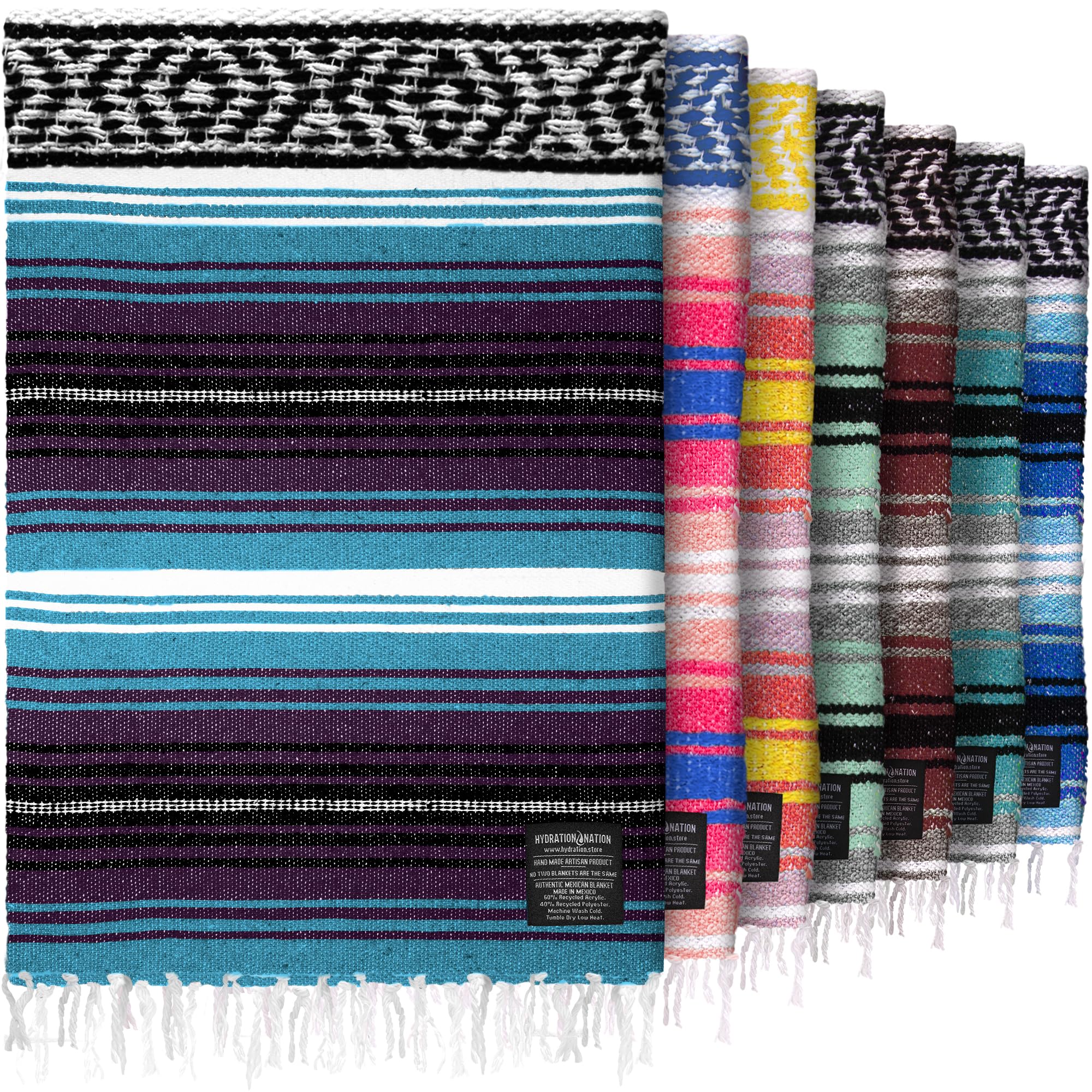 Hydration Nation Authentic Extra Large Mexican Blanket (70X50) - Handwoven Yoga, Serape- Artisanal Falsa, Beach, Camping, Picnic