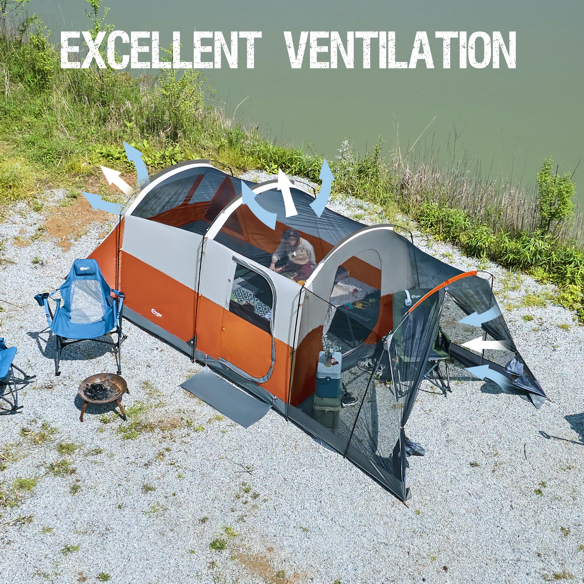 Portal 8 Person Family Tent For Camping With Screen Porch, Waterproof Large Camping Tent With Rainfly, Big Family Tents For Outd