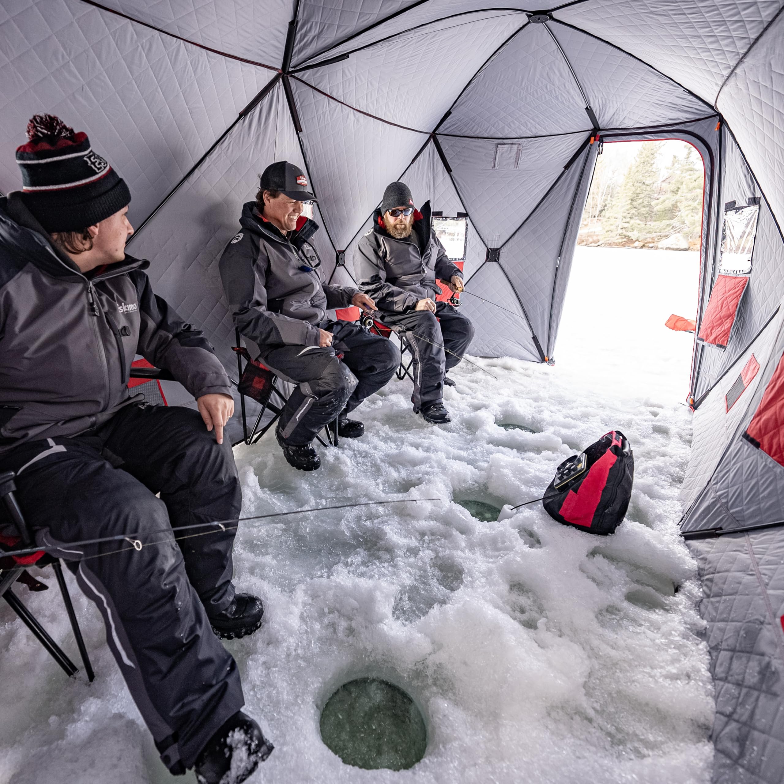 Eskimo QuickFish 6HD, Pop-Up Portable Shelter, No-Trip Door, Red/Black, Fully Insulated, Deluxe Ice Anchors, Six Person, Ice Fis