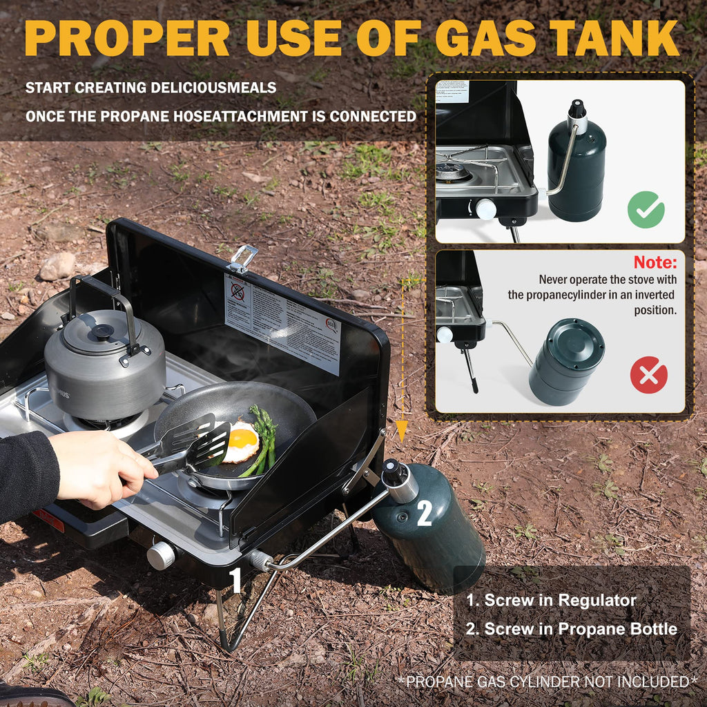 Feasto Camping Propane Stove, Portable Camping Grill Stove, Push-Button Ignition, Adjustable Windproof Burners, Wind Guards, Fol