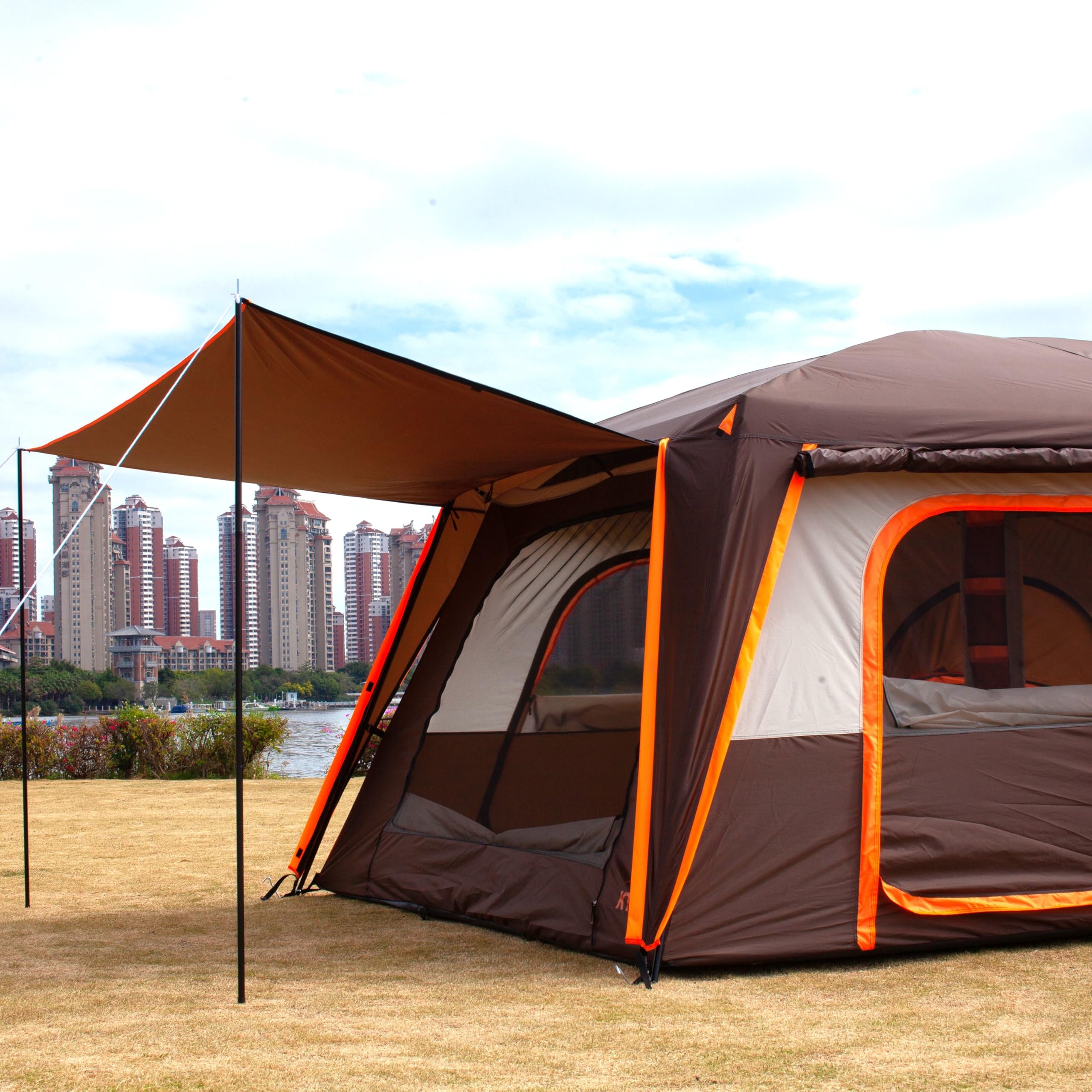 Ktt Extra Large Tent 12 Person,Family Cabin Tents,Full Rainfly,2 Rooms,2 Bay-Windows And 3 Doors 3 Windows With Mesh,Waterproof,