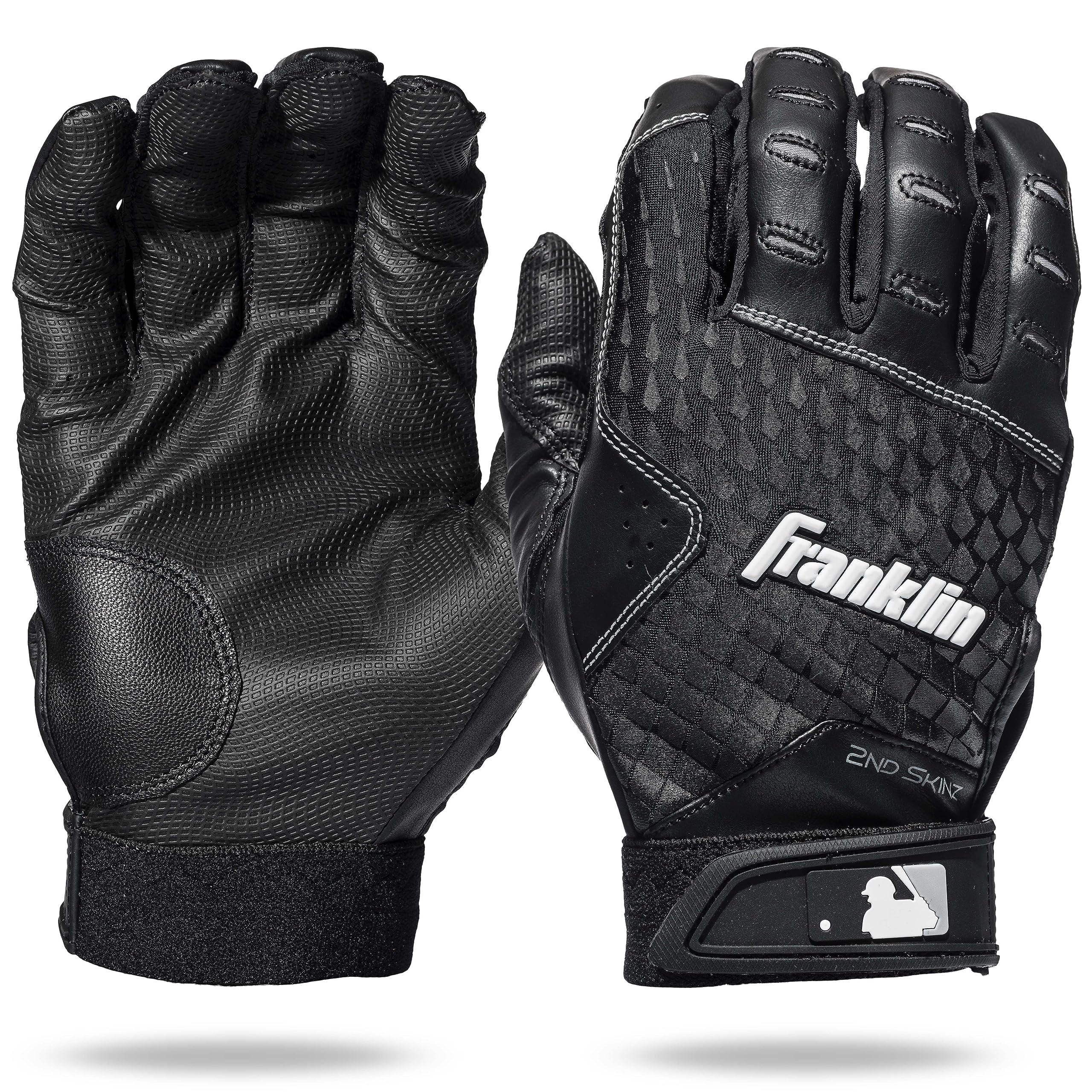 Franklin Sports Mlb Batting Gloves - 2Nd Skinz Youth Batting Gloves - Baseball + Softball Gear - Kids Black Pair - Youth Extra E
