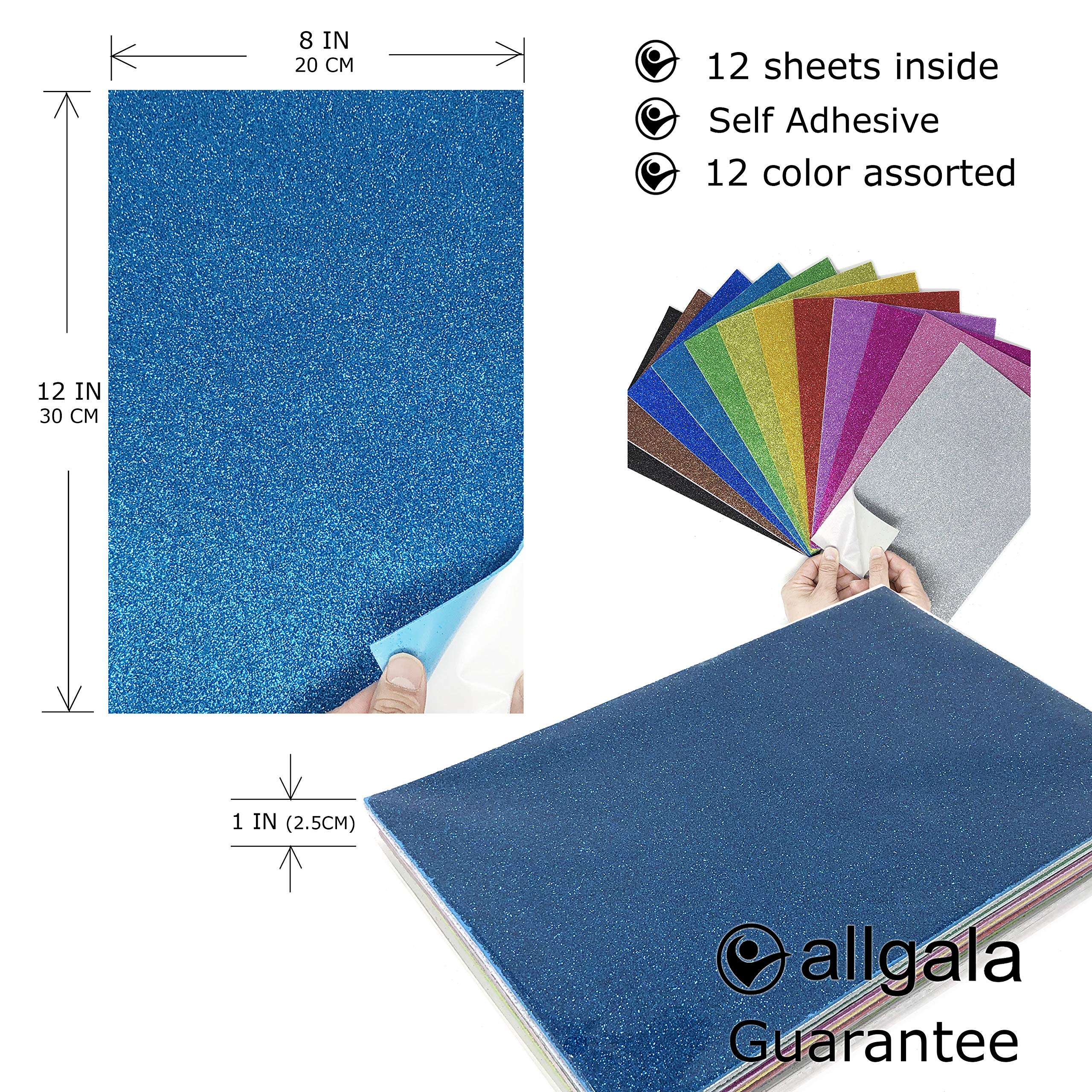 Allgala 12 Pack Self-Adhesive Glitter Eva Foam Paper 8 X 12 Sheets - Assorted Colors - Perfect For Kids Art Projects And Classro