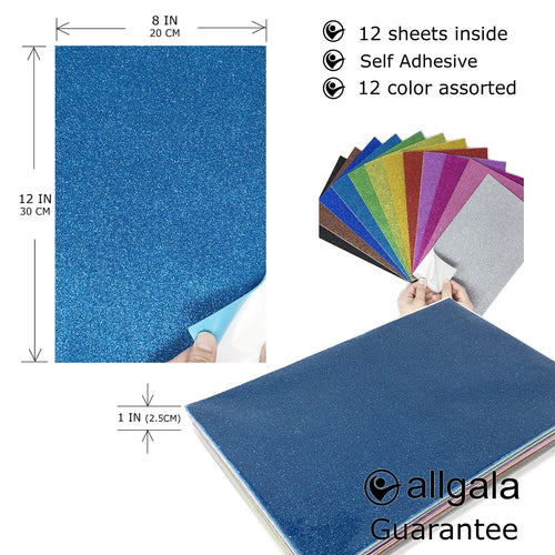 Allgala 12 Pack Self-Adhesive Glitter Eva Foam Paper 8 X 12 Sheets - Assorted Colors - Perfect For Kids Art Projects And Classro
