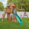 Backyard Discovery Spruce Hollow Spruce Wood Swing Set w/Wave Slide, Clubhouse, Rock Wall, Play Kitchen, Picnic Area, Belt Swing
