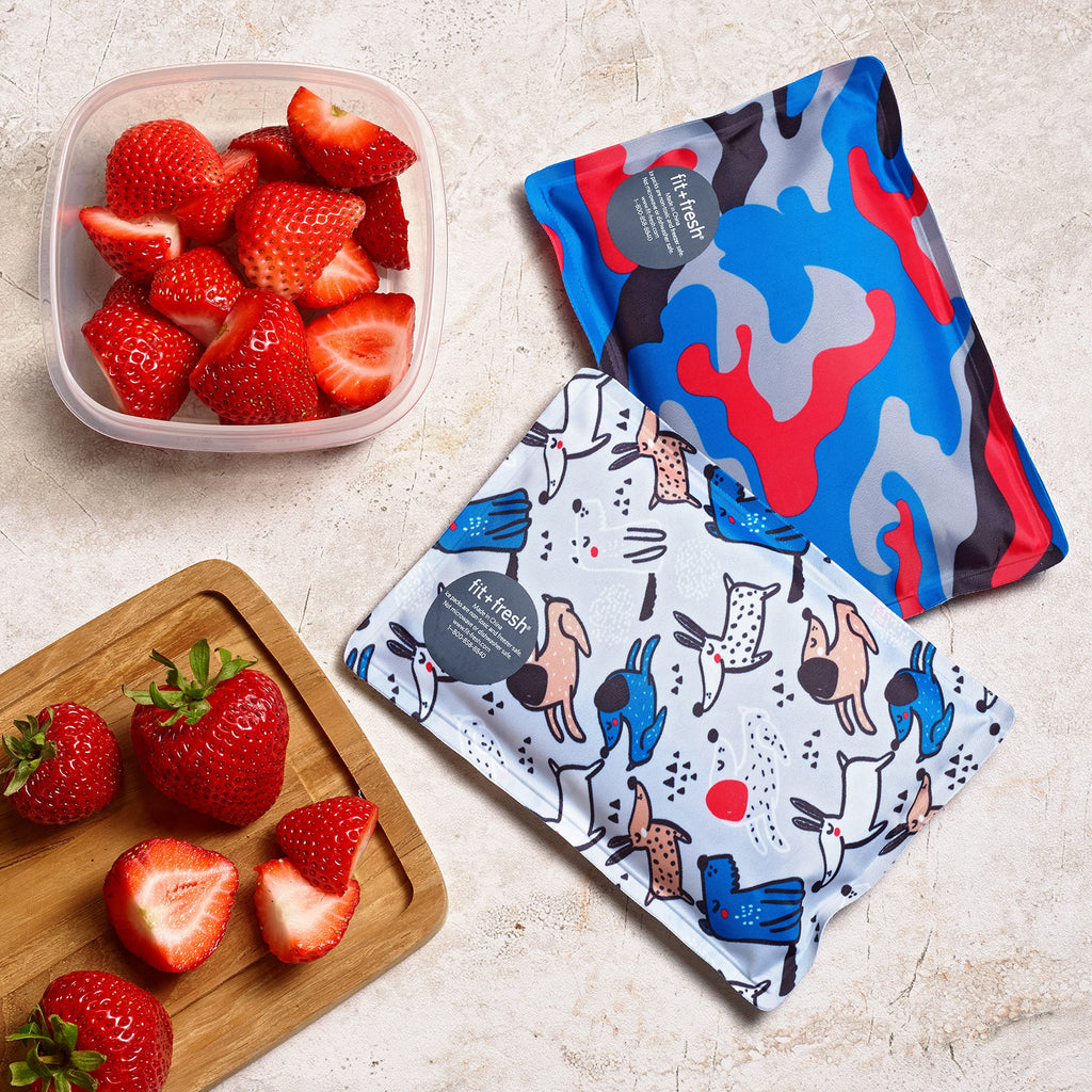 Cool Coolers By Fit & Fresh 2 Pack Soft Ice, Flexible Stretch Nylon Reusable Ice Packs For Lunch Boxes & Coolers, Happy Dogs