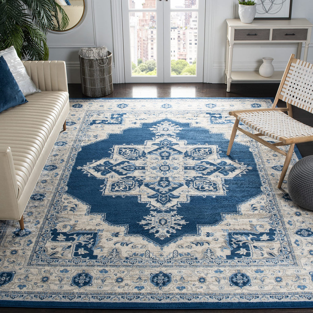 Safavieh Brentwood Collection 9 X 12 Navy  Cream Bnt865N Medallion Distressed Non-Shedding Living Room Bedroom Dining Home Offic