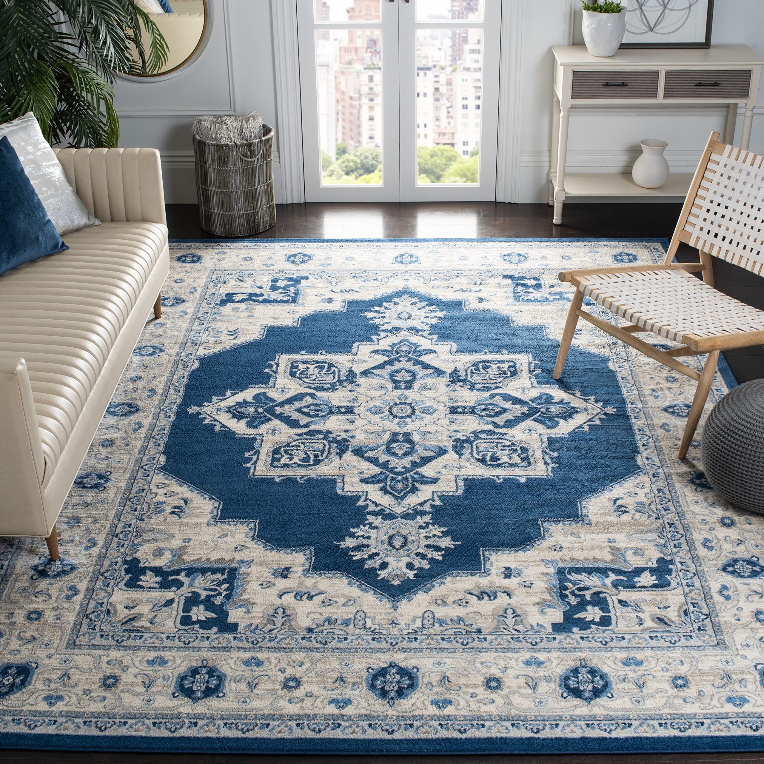 Safavieh Brentwood Collection 9 X 12 Navy  Cream Bnt865N Medallion Distressed Non-Shedding Living Room Bedroom Dining Home Offic