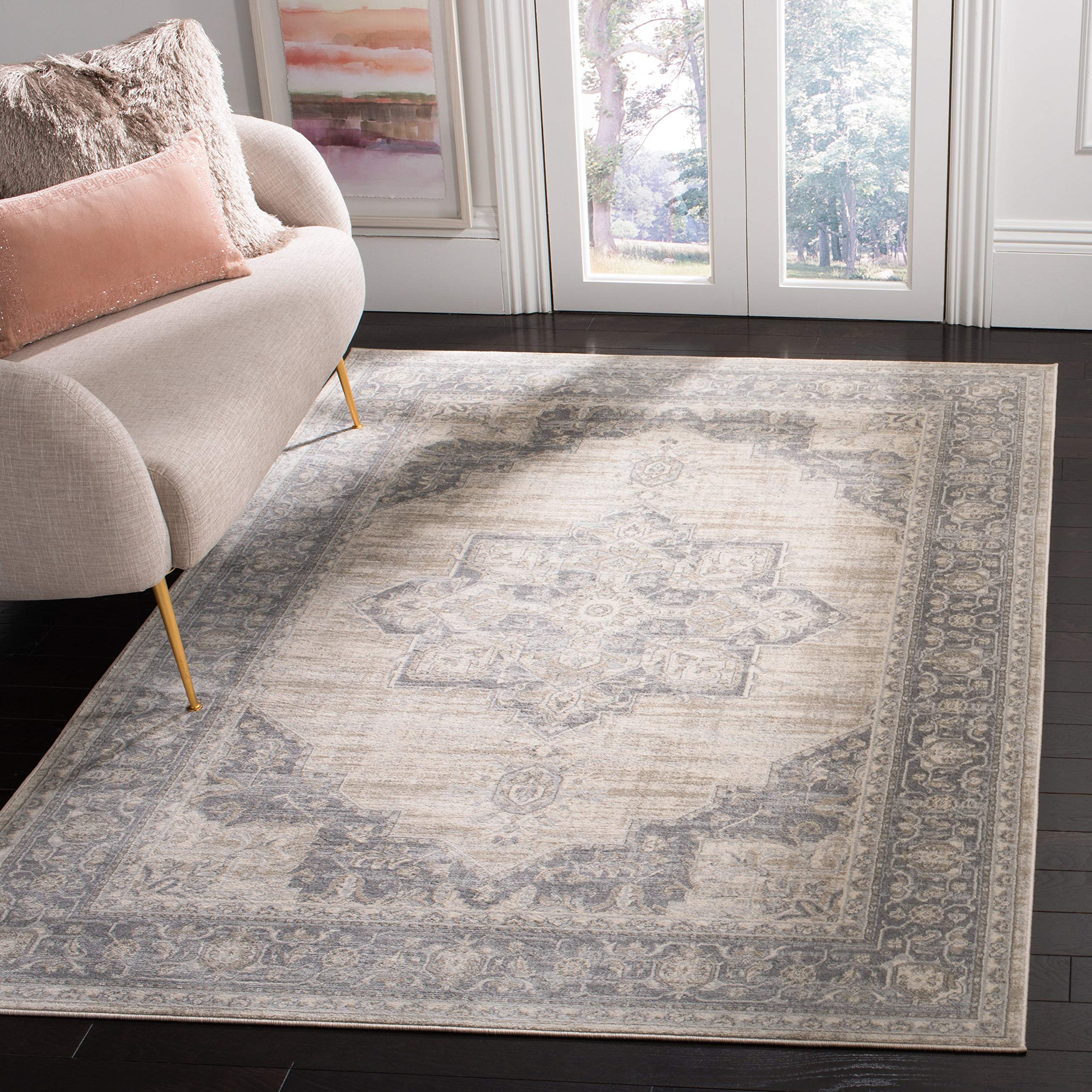 Safavieh Brentwood Collection 67 Round Creamgrey Bnt865B Medallion Distressed Non-Shedding Dining Room Entryway Foyer Living Roo