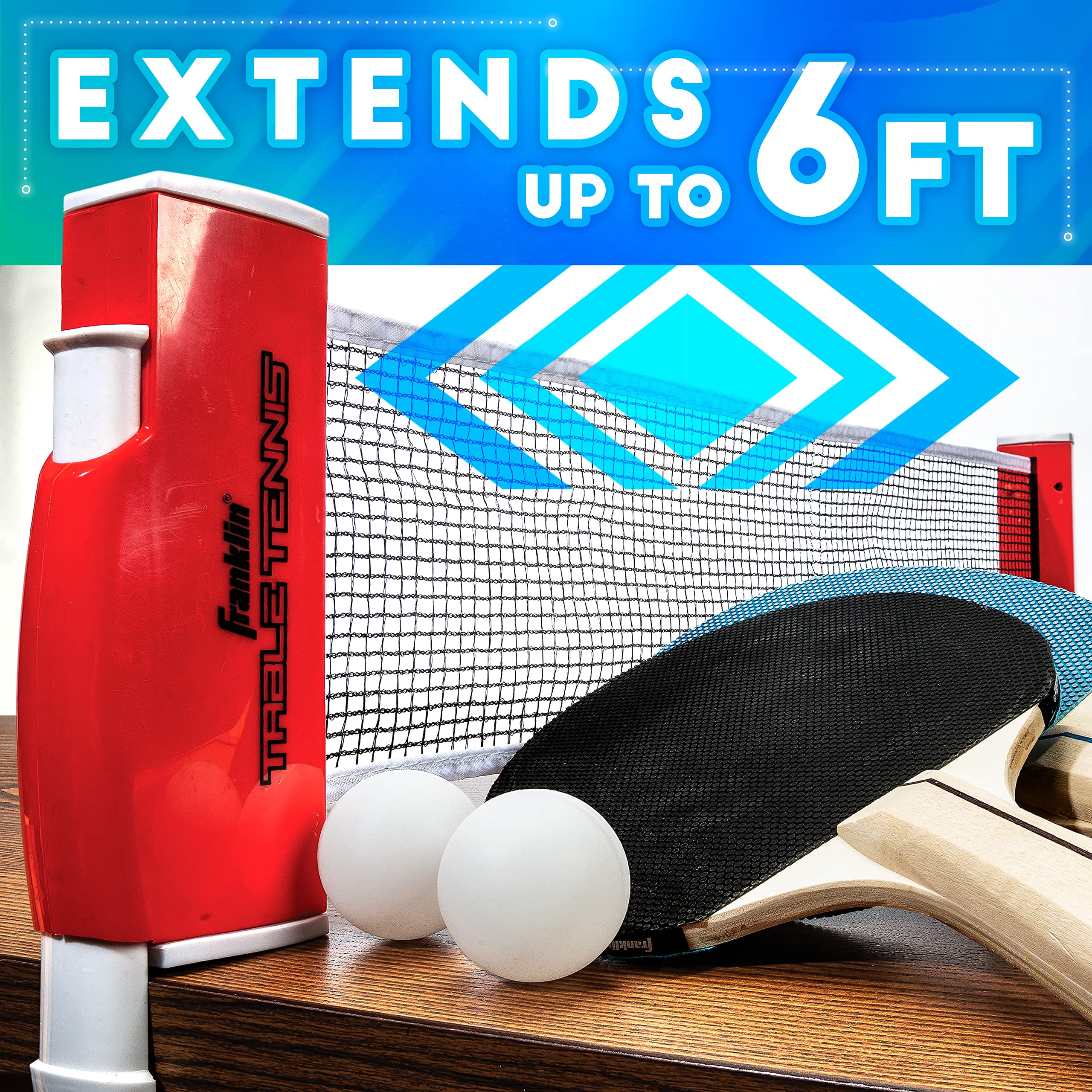 Franklin Sports Table Tennis To Go Portable Ping Pong Net Set - Any Table Top Adjustable, (2) Ping Pong Paddles + (2) Ping Pong