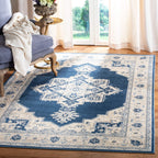 Safavieh Brentwood Collection 9 X 12 Navy  Cream Bnt865N Medallion Distressed Non-Shedding Living Room Bedroom Dining Home Offic