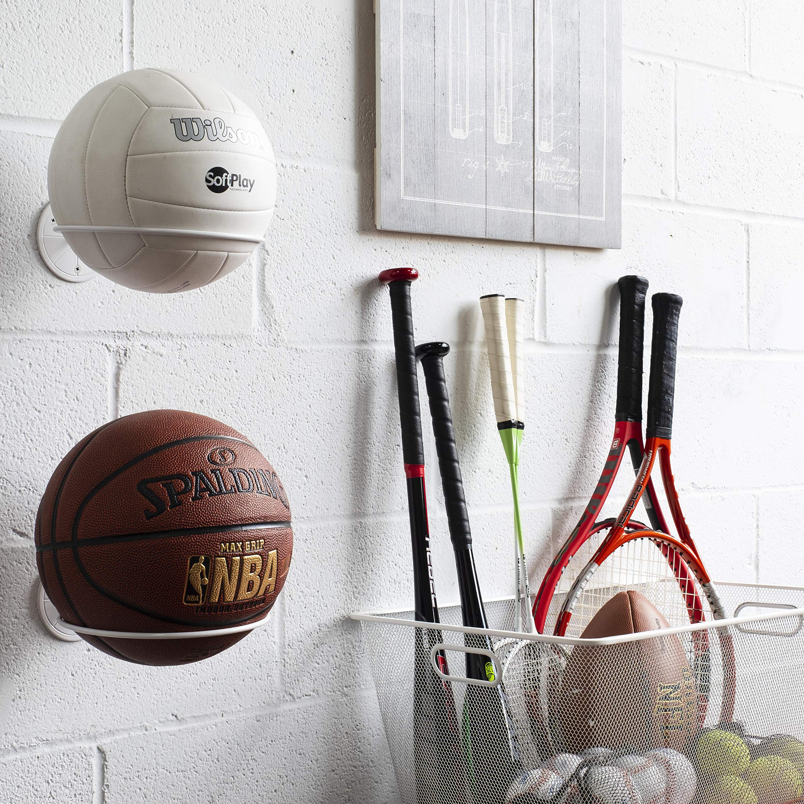 Wallniture Sporta Wall Mount Ball Storage, Ball Holder Organization And Storage Rack For Basketball, Football, Soccer Balls, Met