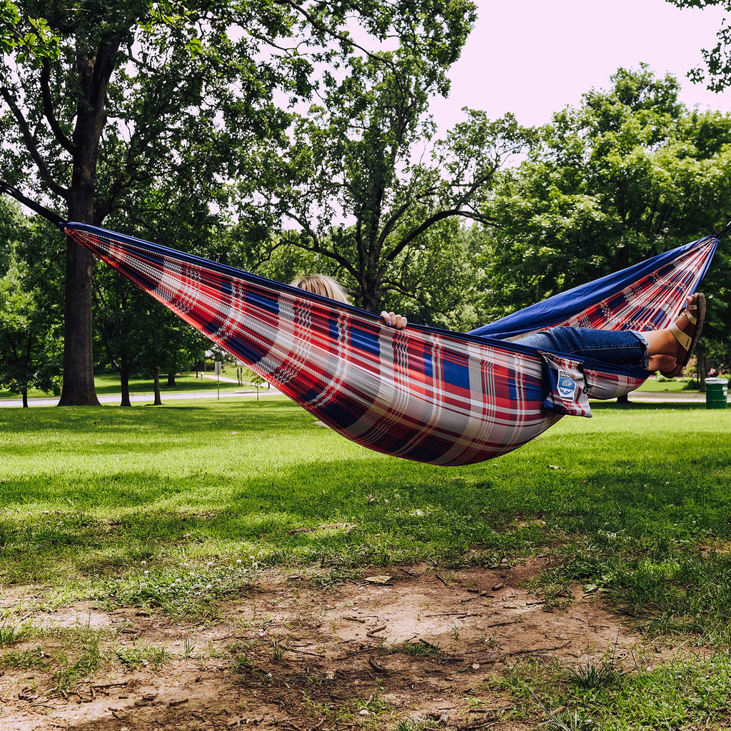 Equip Outdoors Portable Camping Hammock, Hanging Kit Included, One Person Hammock, Red White And Blue Plaid