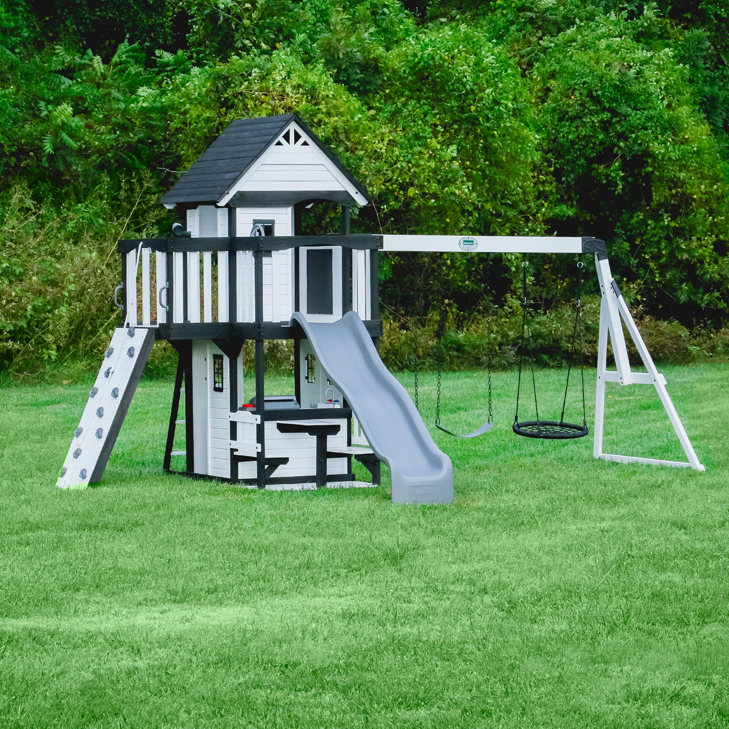 Backyard Discovery Canyon Creek White Cedar Wood Swing Set with Wave Slide, Clubhouse, Play Kitchen, Picnic Area, Belt Swings, W