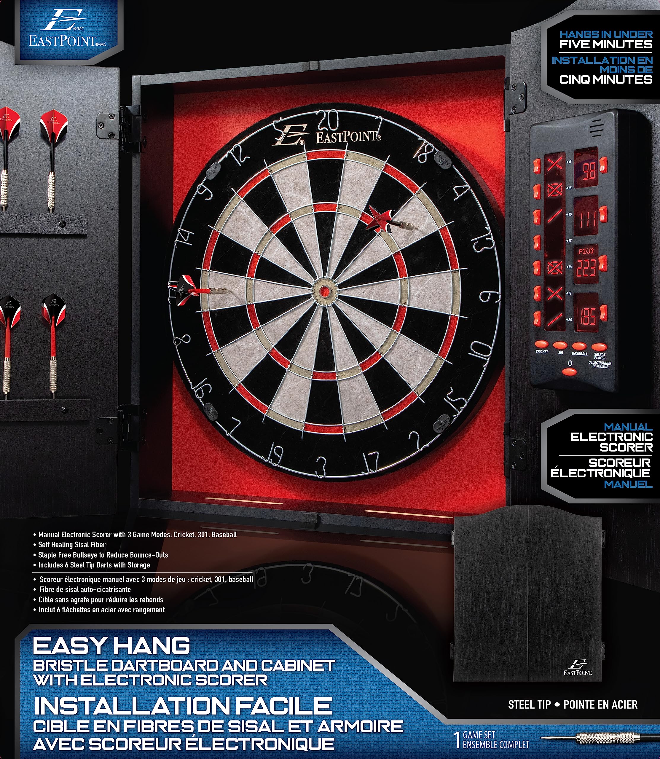Eastpoint Sports Tournament Bristle Dartboard And Easy Hang Cabinet With Electronic Scoreboard And 6 Steel Tip Darts