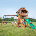 Backyard Discovery Highlander Cedar Wood Swing Set with Wave Slide, Three-Story Clubhouse, Rock Wall, Picnic Table, Belt Swings,