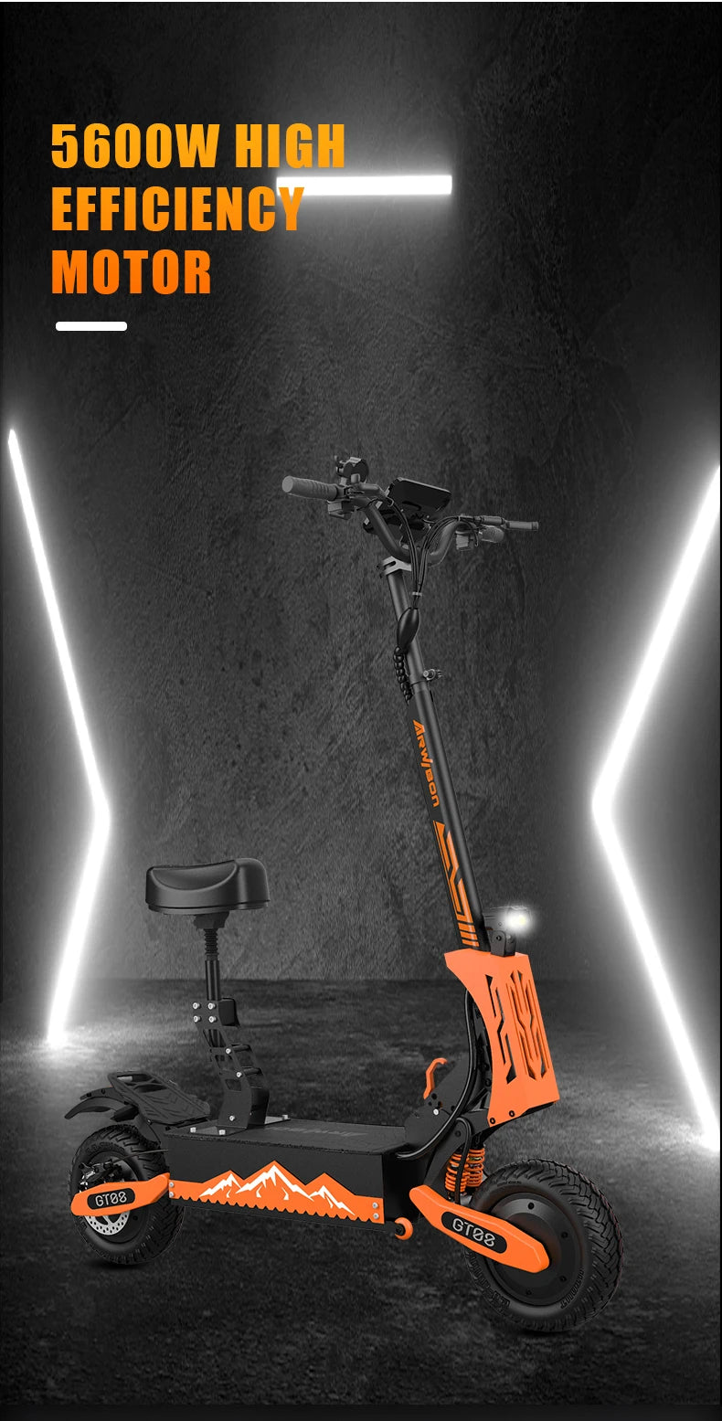Arwibon GT08 Adult Electric Scooter 5600W Motor Top Speed 46MPH, 60V27AH, 11 Inch Off-Road Tires Sport Commuter Folding EScooter