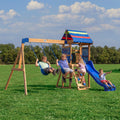 Backyard Discovery Bay Pointe Cedar Wood Swing Set with Wave Slide, Play Deck, Rock Wall Ladder, Belt Swings, Chalkboard, Canopy