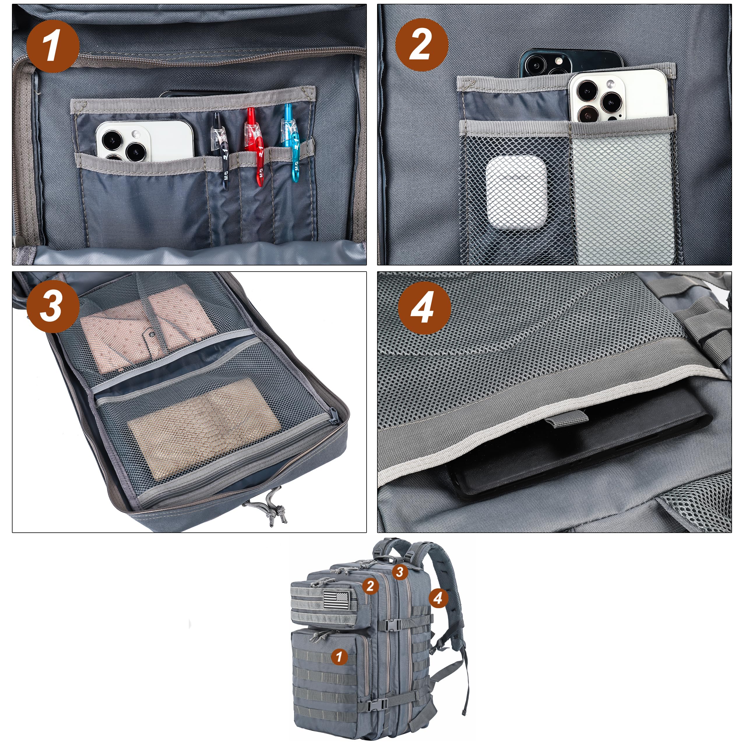 Lhi Military Tactical Backpack For Men And Women 45L Army 3 Days Assault Pack Bag Large Rucksack With Molle System - Grey