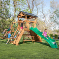Backyard Discovery Endeavor II All Cedar Wood Swing Set Playset for Backyard with Wave Slide Climbing Wall with Rope Picnic Tabl