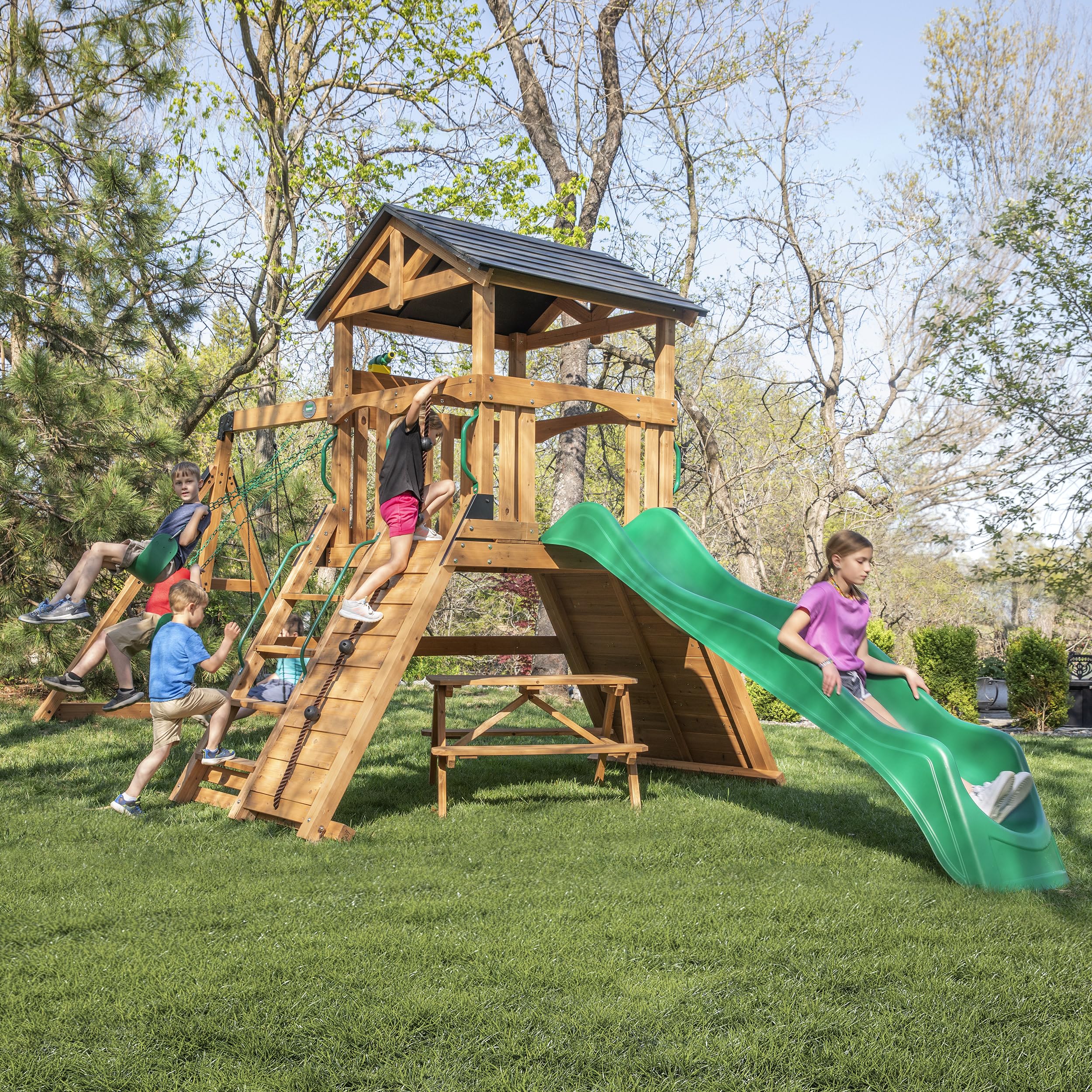 Backyard Discovery Endeavor II All Cedar Wood Swing Set Playset for Backyard with Wave Slide Climbing Wall with Rope Picnic Tabl