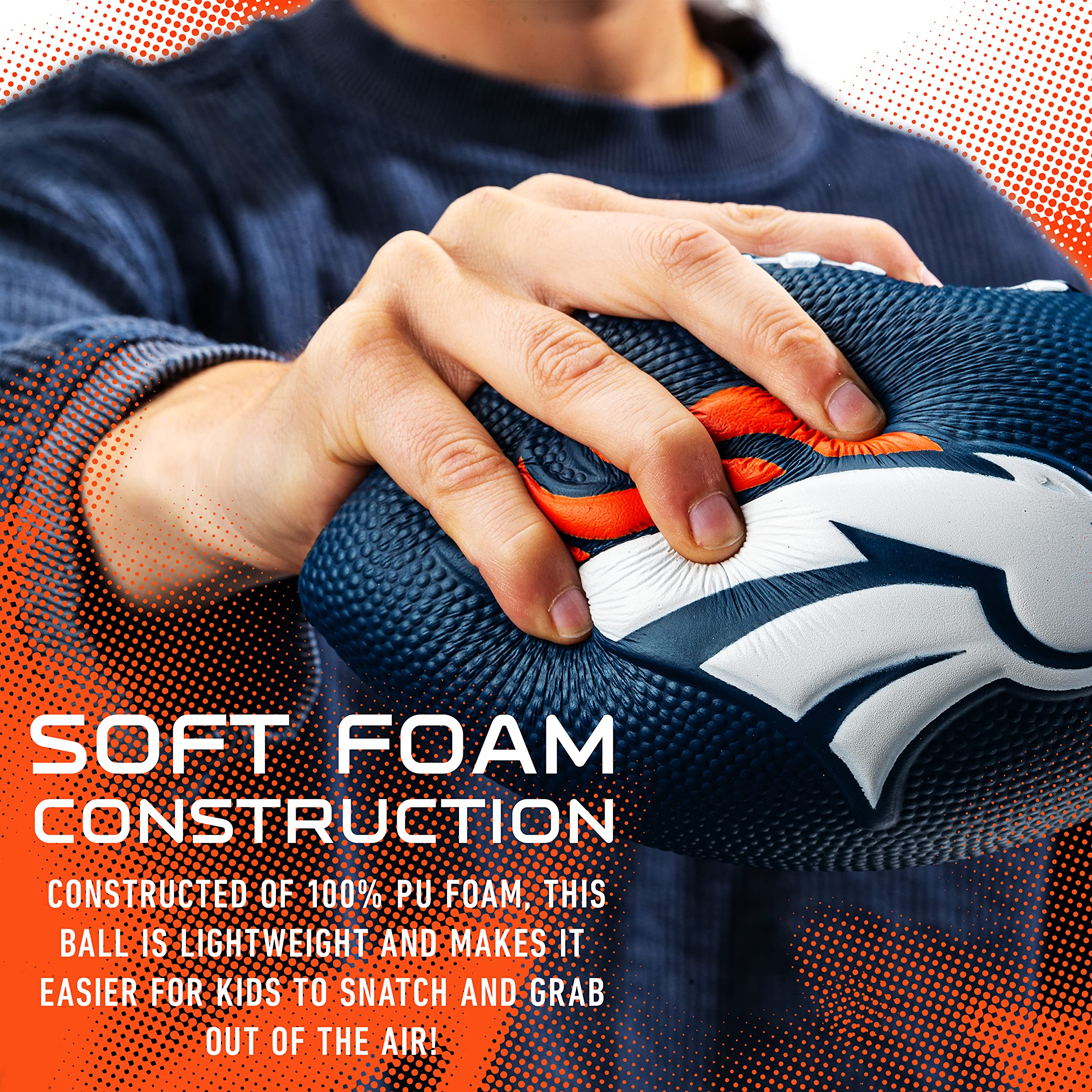 Franklin Sports Nfl Denver Broncos Football - Kids Foam Football - Soft Football - Mini Size - Perfect For Gameday - 8.5'' 3D Lo