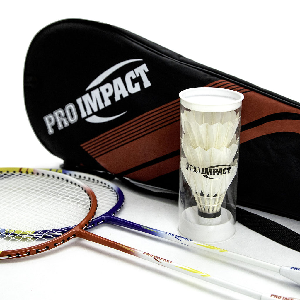Pro Impact Badminton Racket Set - Aluminum Head With Steel Shaft - Includes Lightweight Rackets & Feather Shuttlecocks With Carr