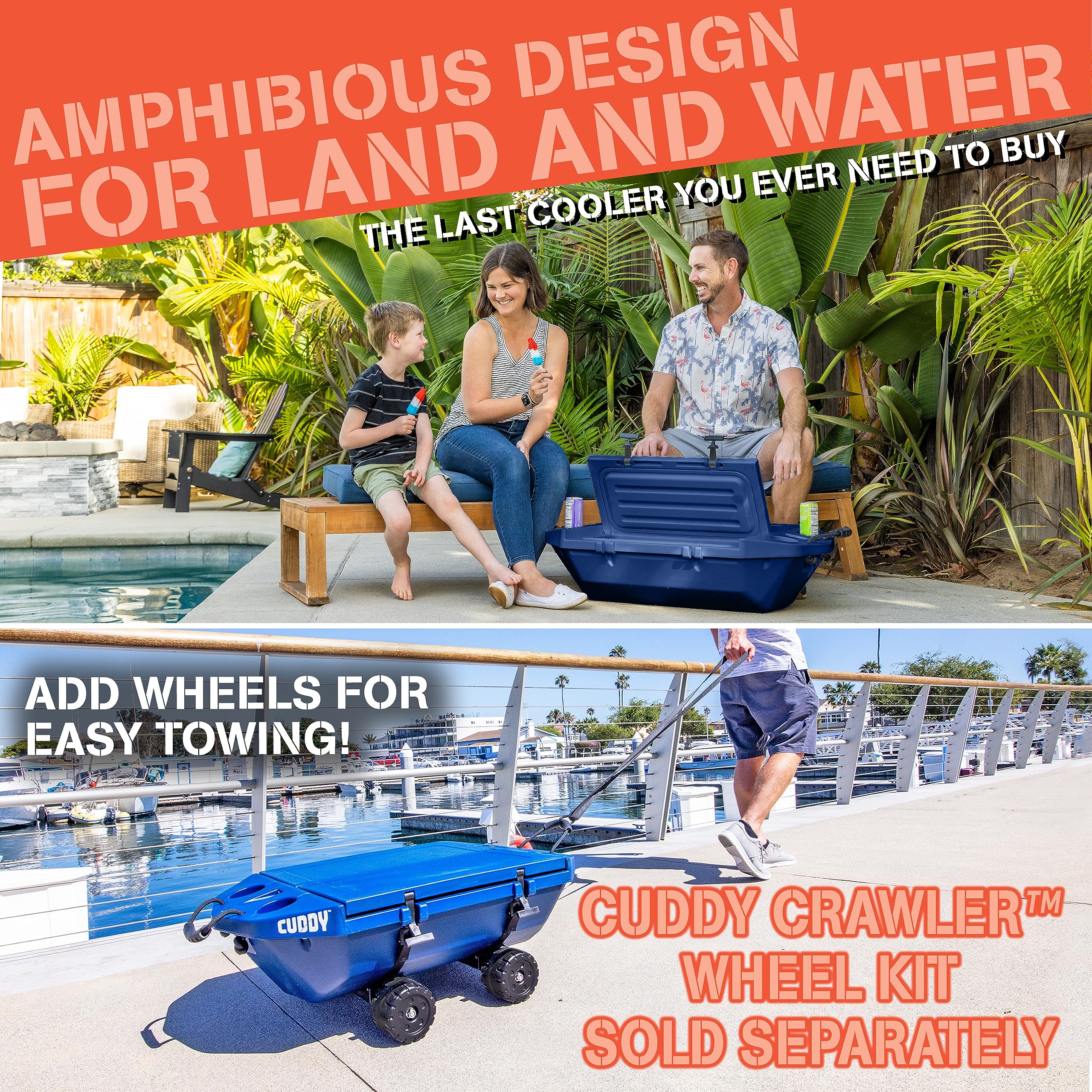 Cuddy Floating Cooler and Dry Storage Vessel for Land & Water - 40QT- Great for River, Beach, Kayak, Pool, & Lake - Navy