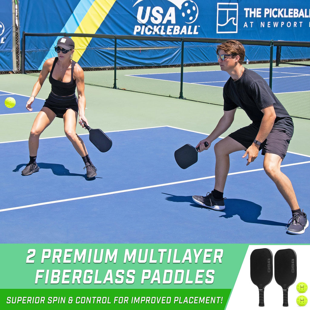 Gosports Gs1 Pickleball Paddles Set Of 2 With 2 Pickleballs - Usapa Approved Fiberglass Pickleball Paddles, Black