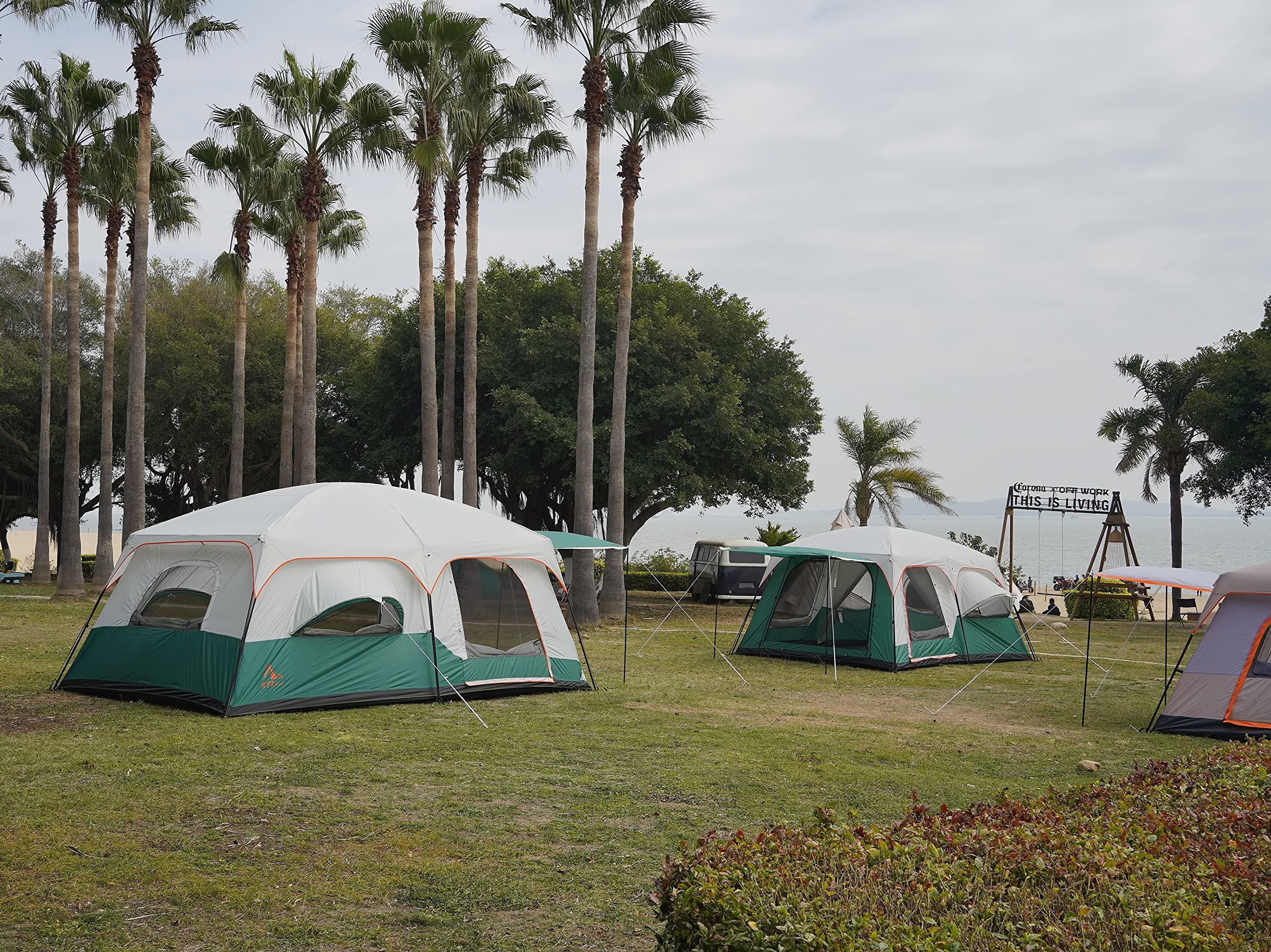 Ktt Extra Large Tent 12 Person,2 Bay-Windows,Family Cabin Tents,14.1'Lx10'Wx6.58'H,2 Rooms,3 Doors 3 Windows With Mesh,Waterproo