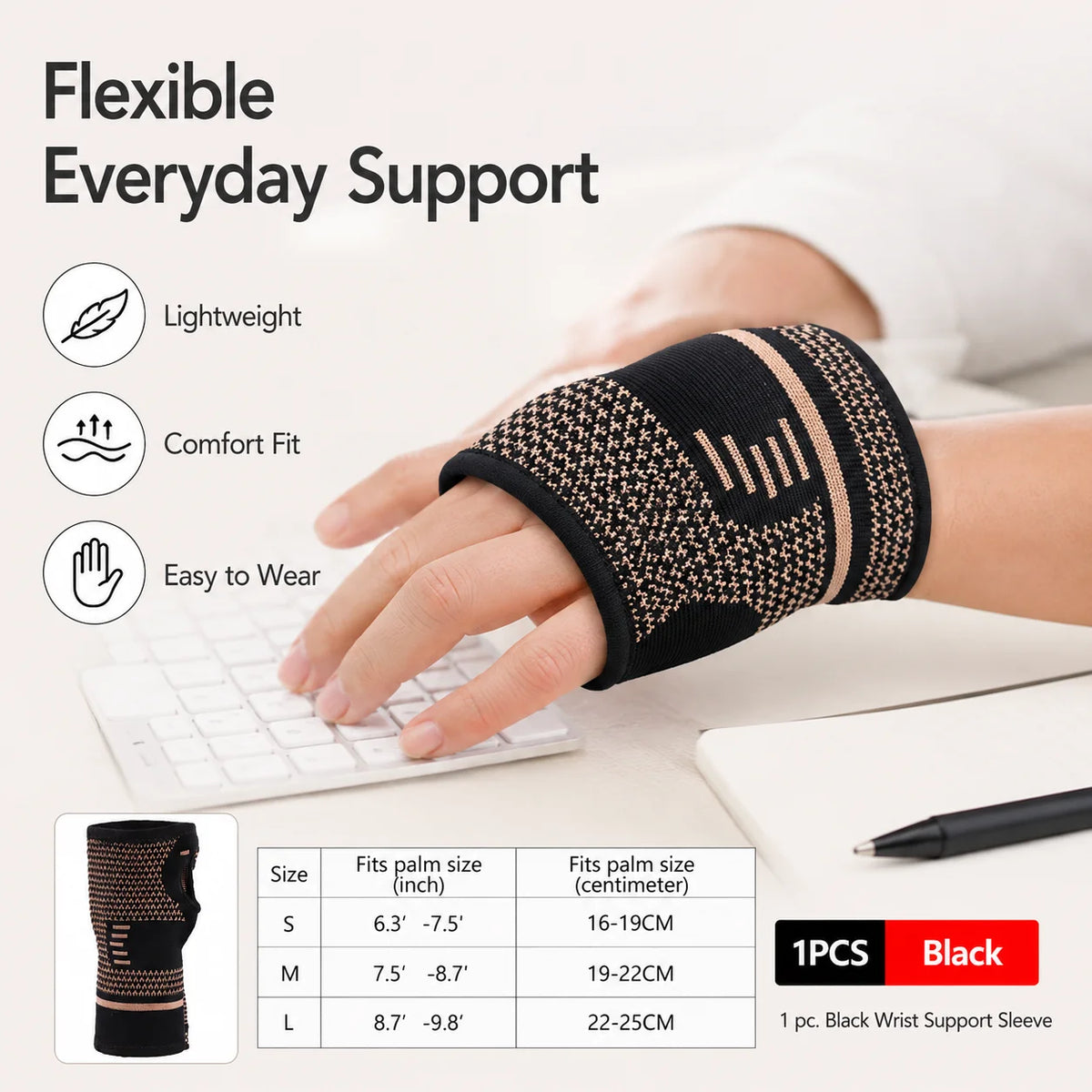 Wrist Support Sleeve Compression Brace with Thumb Opening Breathable Knit Hand Wrap for Sports Fitness Gym Daily Use Black S M L