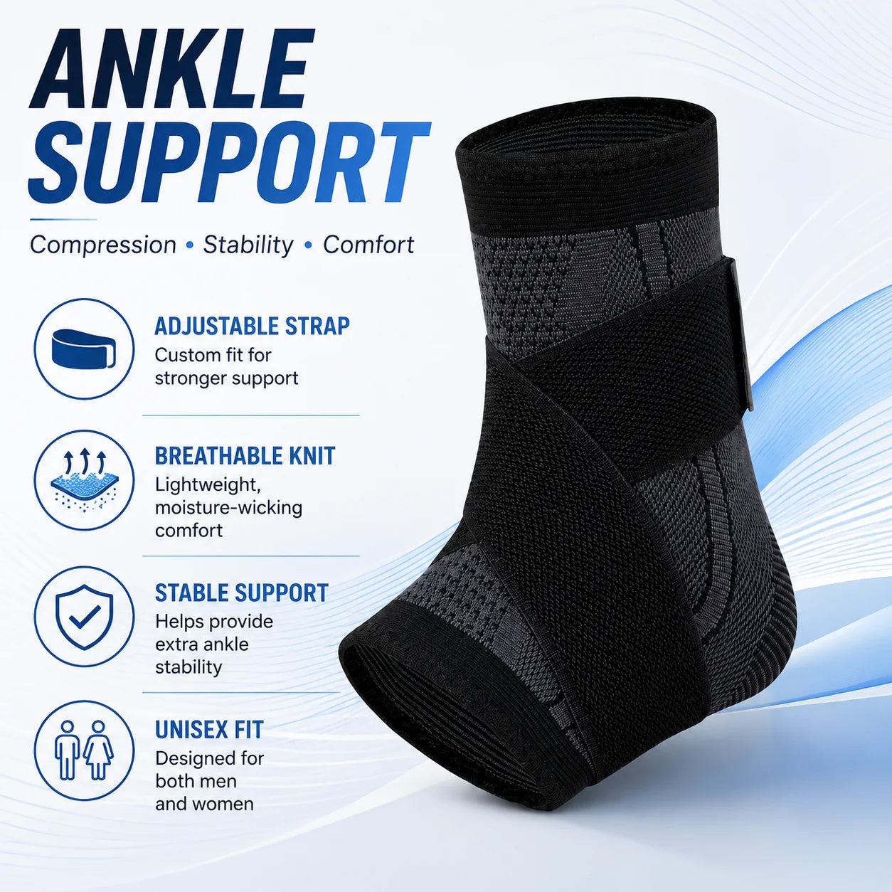 Adjustable Ankle Support Brace Compression Sleeve Wrap Strap Breathable Knit Stabilizer for Sports Running Training Adult Unisex