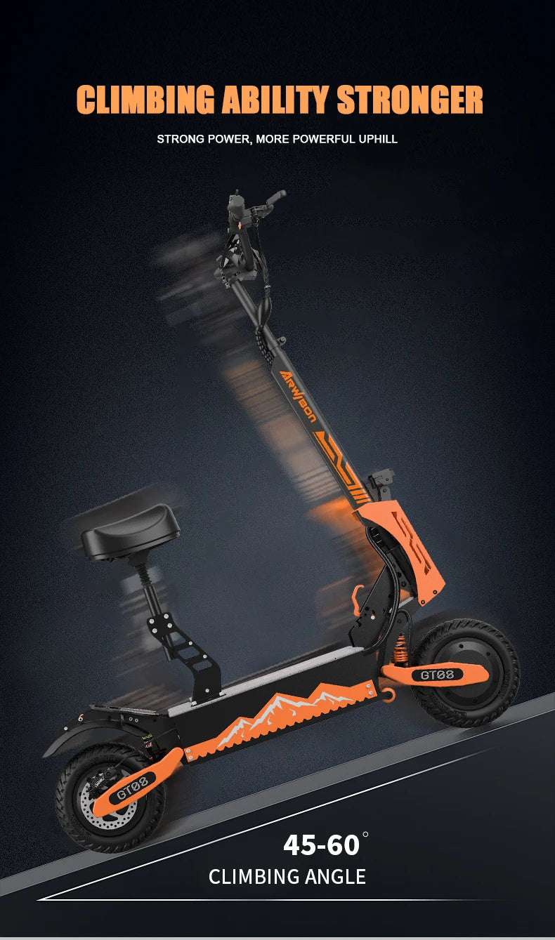Arwibon GT08 Adult Electric Scooter 5600W Motor Top Speed 46MPH, 60V27AH, 11 Inch Off-Road Tires Sport Commuter Folding EScooter