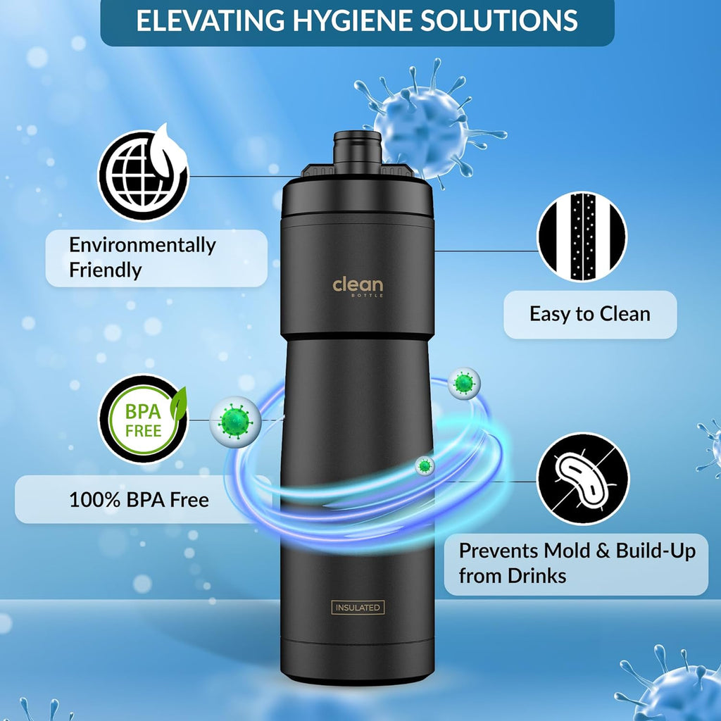 Clean Bottle Insulated Bike Water Bottle, 23 oz, Black, Easy Clean Nozzle, Squeeze Design, Model SPT23001