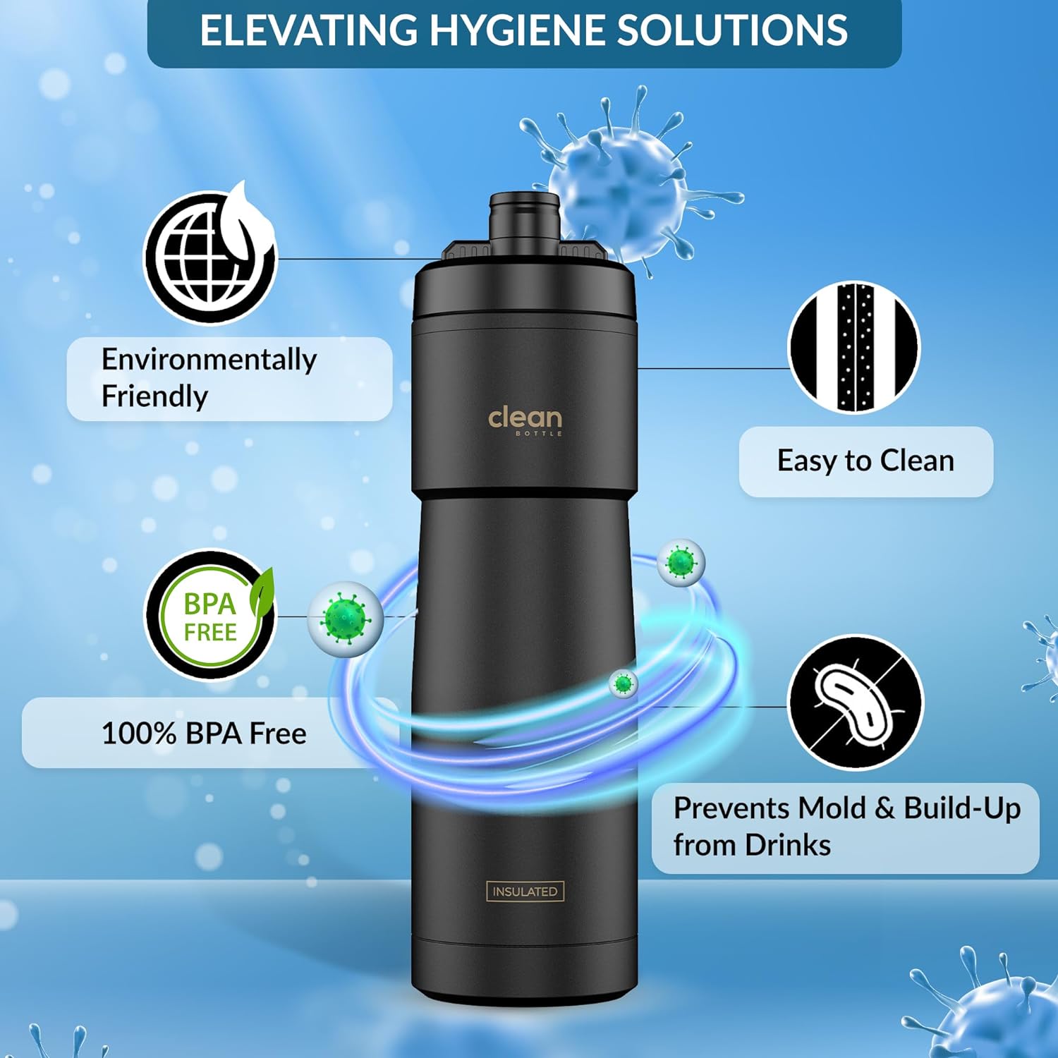Clean Bottle Insulated Bike Water Bottle, 23 oz, Black, Easy Clean Nozzle, Squeeze Design, Model SPT23001
