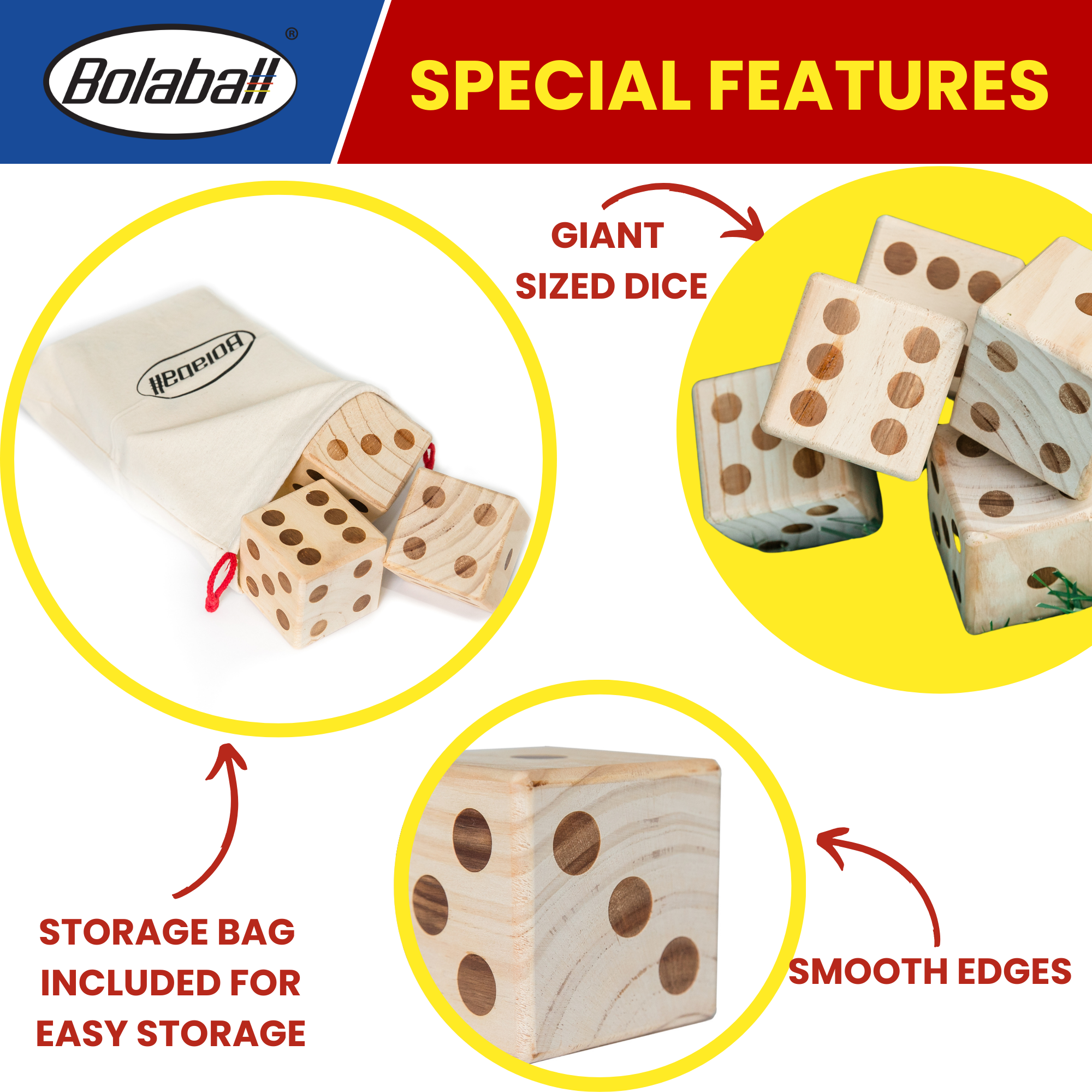 Bolaball Giant Wooden Yard Dice Set - 3.5" Medium Brown Dice with Carry Bag for Outdoor Games, BBQ, and Parties