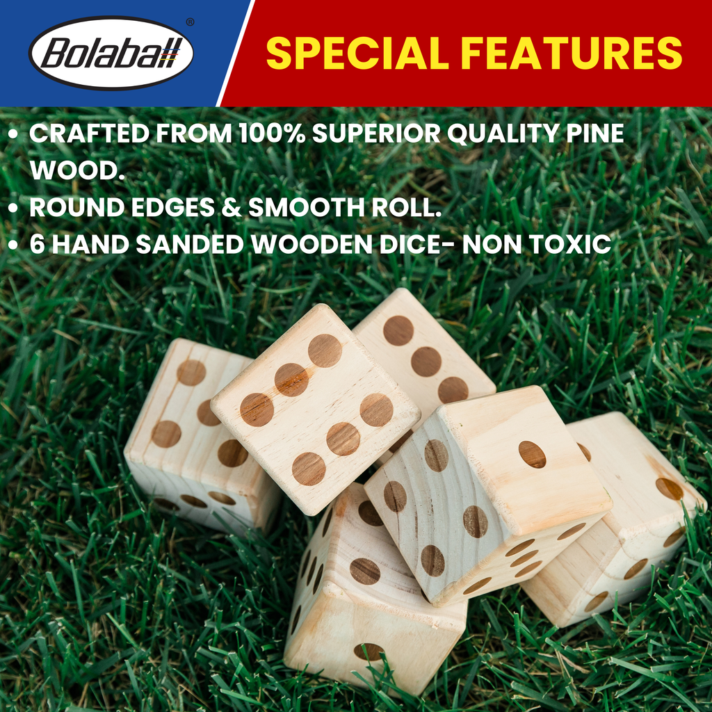 Bolaball Giant Wooden Yard Dice Set - 3.5" Medium Brown Dice with Carry Bag for Outdoor Games, BBQ, and Parties