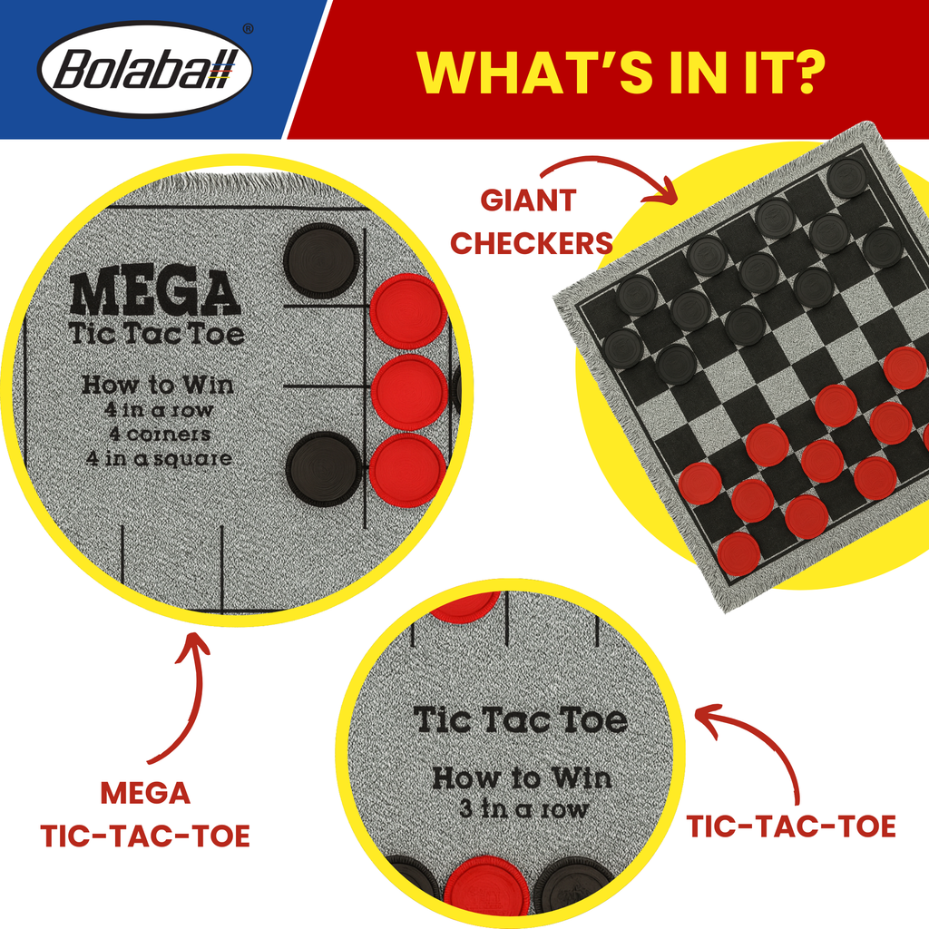 Bolaball 3-in-1 Giant Checkers & Tic Tac Toe Game, Reversible 26"x26" Carpet, Multi-Color, Indoor/Outdoor, Model 317587-1