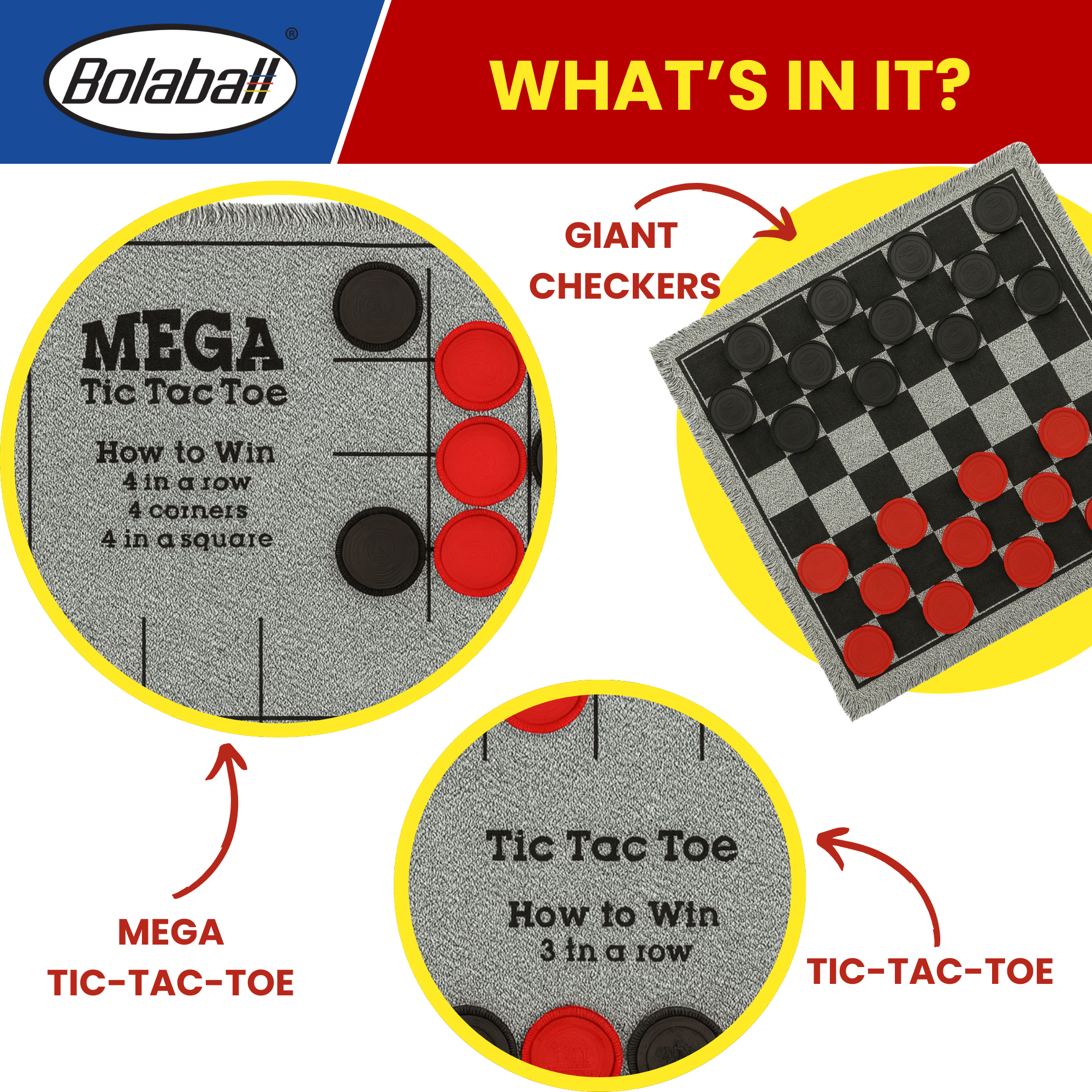 Bolaball 3-in-1 Giant Checkers & Tic Tac Toe Game, Reversible 26"x26" Carpet, Multi-Color, Indoor/Outdoor, Model 317587-1