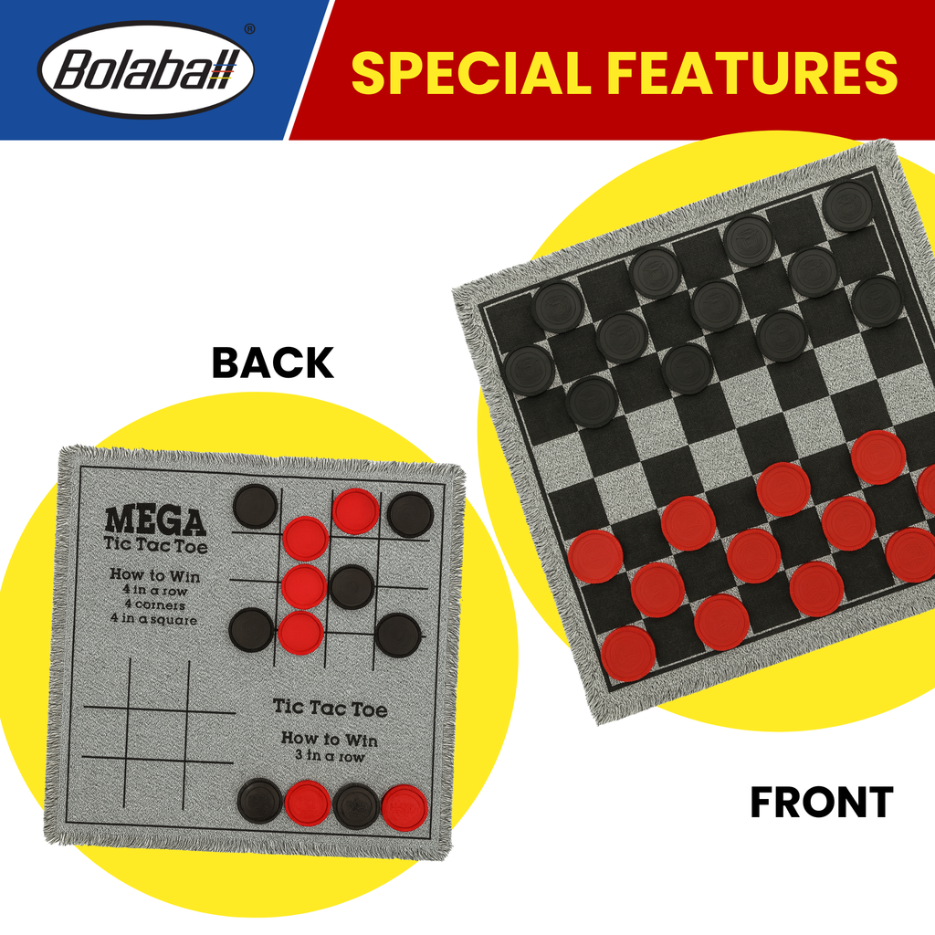 Bolaball 3-in-1 Giant Checkers & Tic Tac Toe Game, Reversible 26"x26" Carpet, Multi-Color, Indoor/Outdoor, Model 317587-1