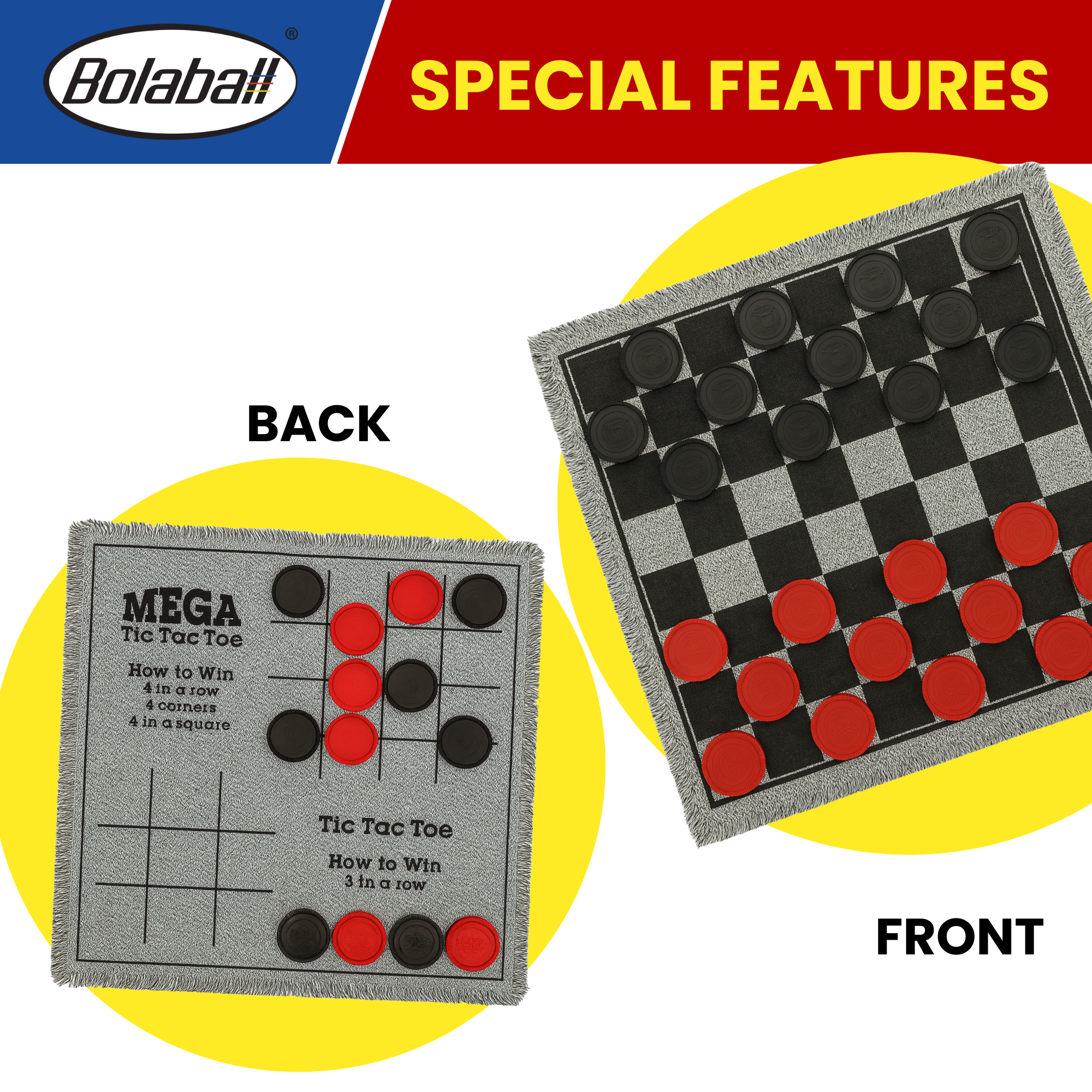Bolaball 3-in-1 Giant Checkers & Tic Tac Toe Game, Reversible 26"x26" Carpet, Multi-Color, Indoor/Outdoor, Model 317587-1