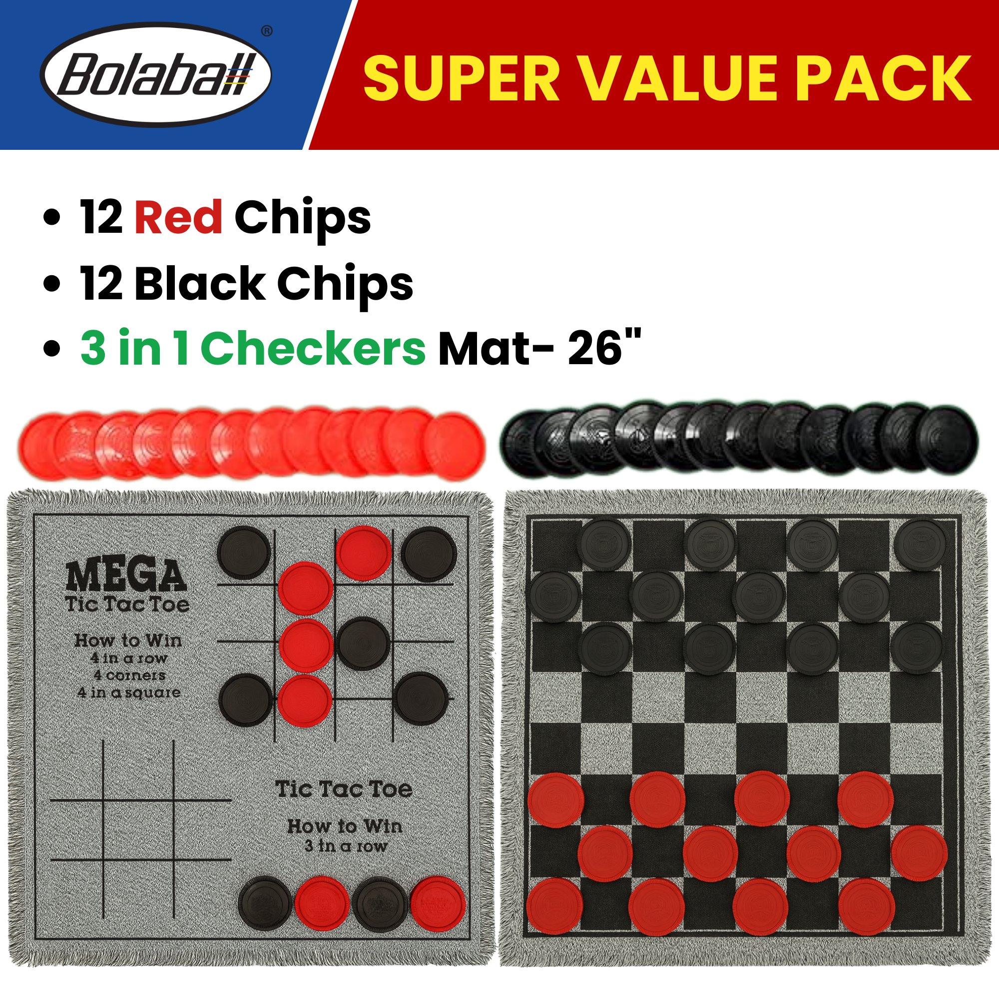 Bolaball 3-in-1 Giant Checkers & Tic Tac Toe Game, Reversible 26"x26" Carpet, Multi-Color, Indoor/Outdoor, Model 317587-1