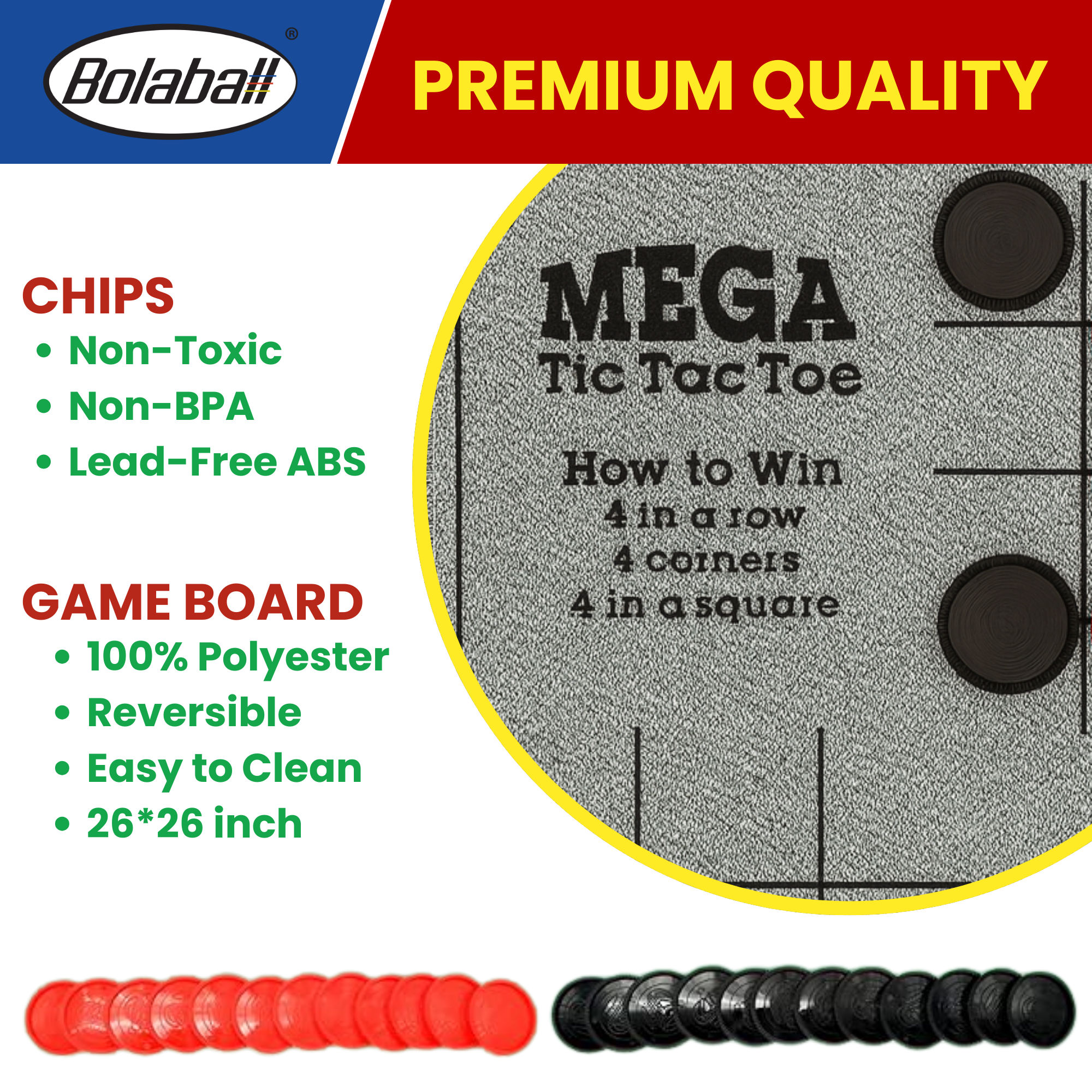 3-in-1 Giant Tic Tac Toe, Checkers Rug & Board Games for Indoor Outdoor Fun