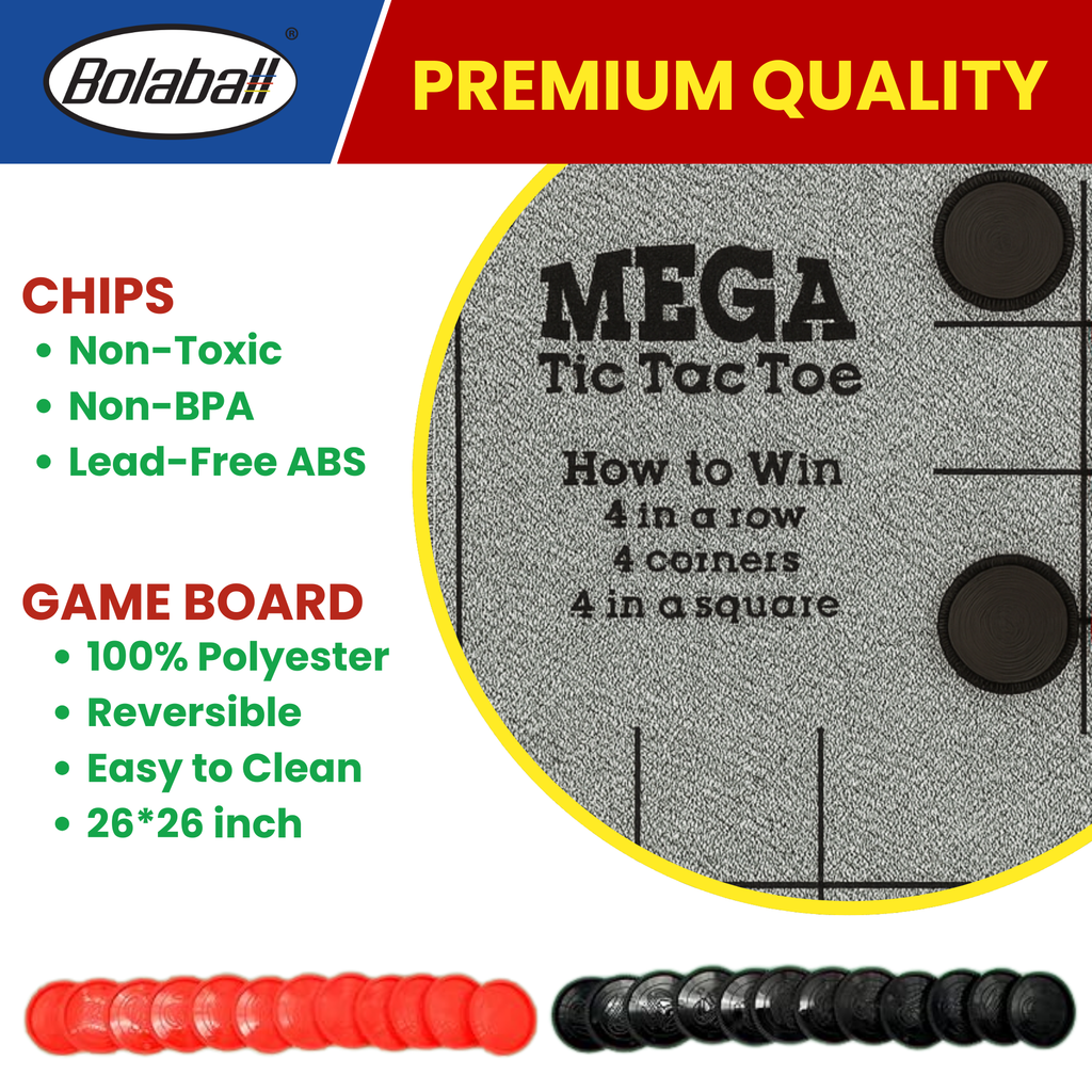 Bolaball 3-in-1 Giant Checkers & Tic Tac Toe Game, Reversible 26"x26" Carpet, Multi-Color, Indoor/Outdoor, Model 317587-1